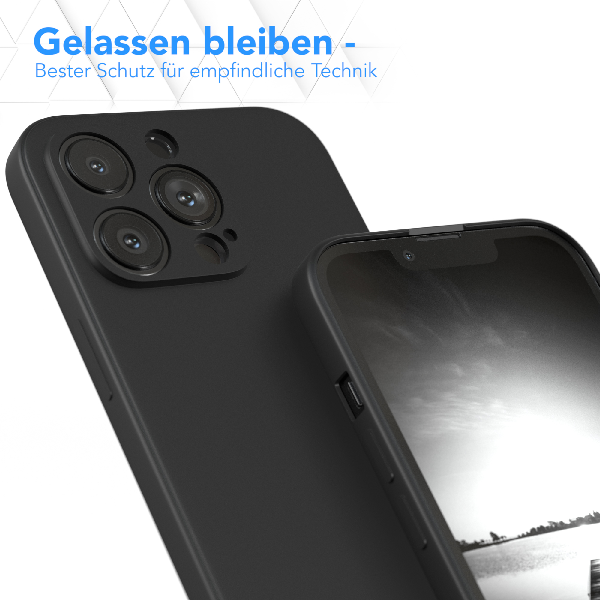 Schwarze Handyhülle auf einem Telefon, Nahaufnahme. Deutscher Text.