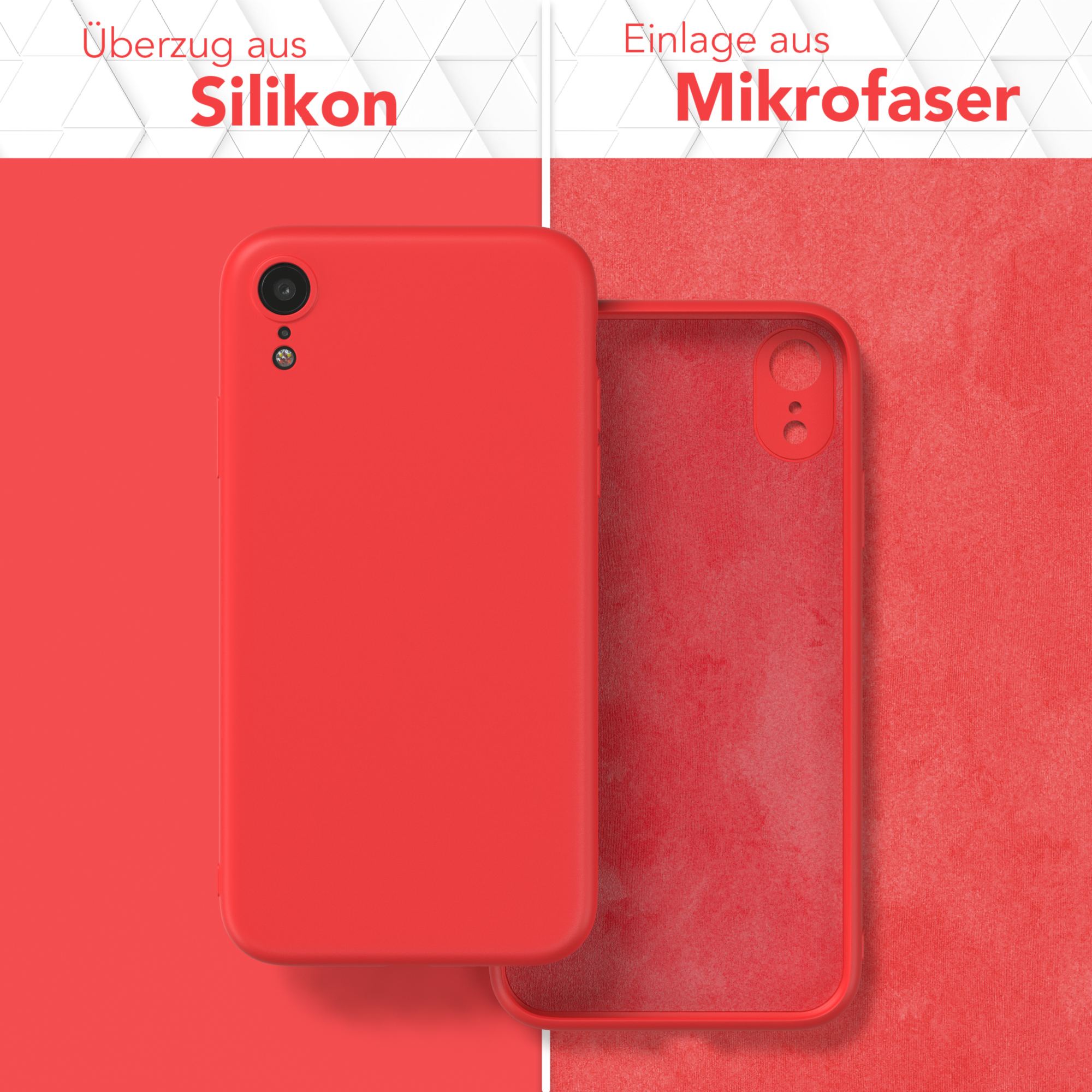 Rote Handyhülle und deren Innenseite. Text sagt Silikon-Außenhülle und Mikrofaser-Futter.