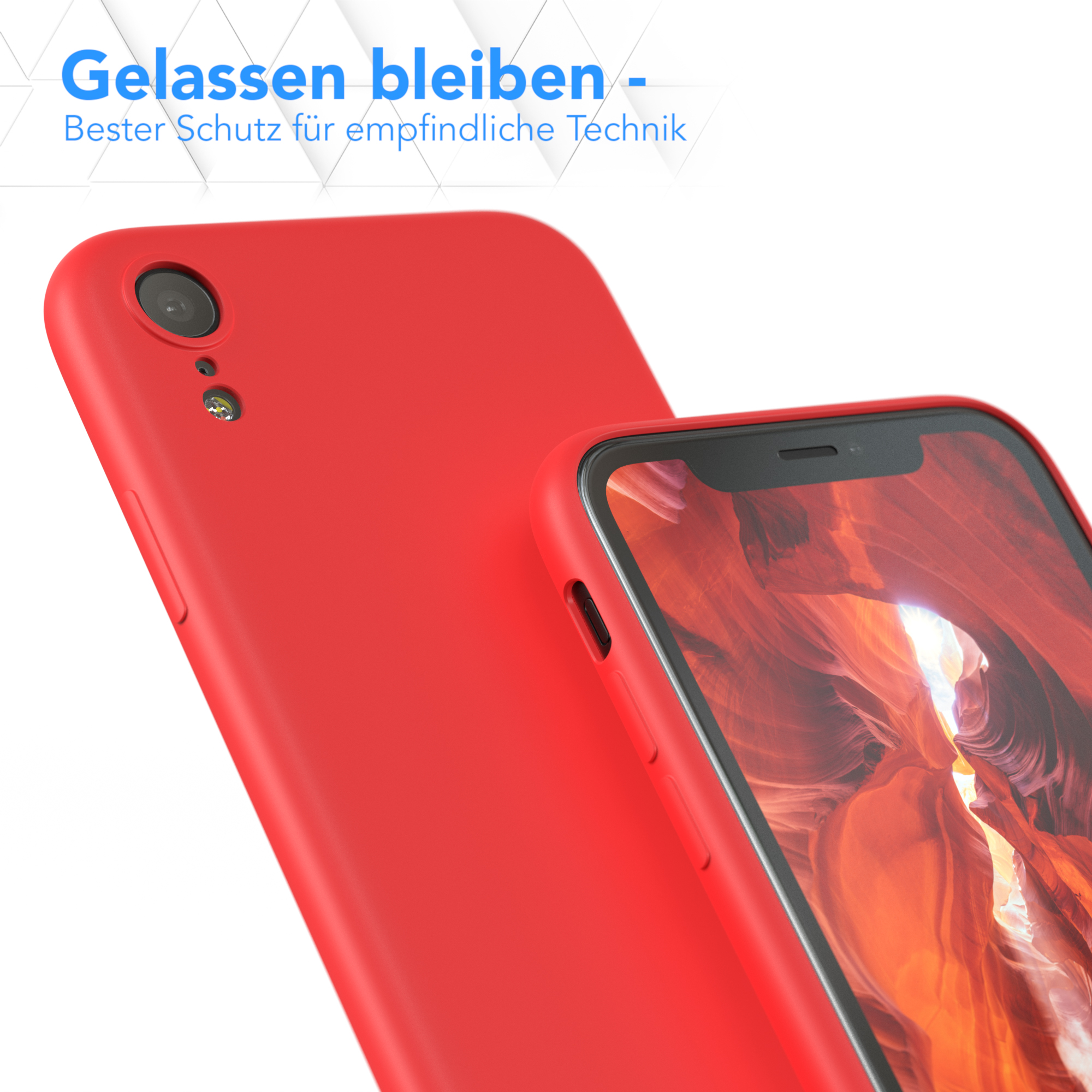 Rote Handyhülle mit Handy. Text zeigt besten Schutz für empfindliche Technik.
