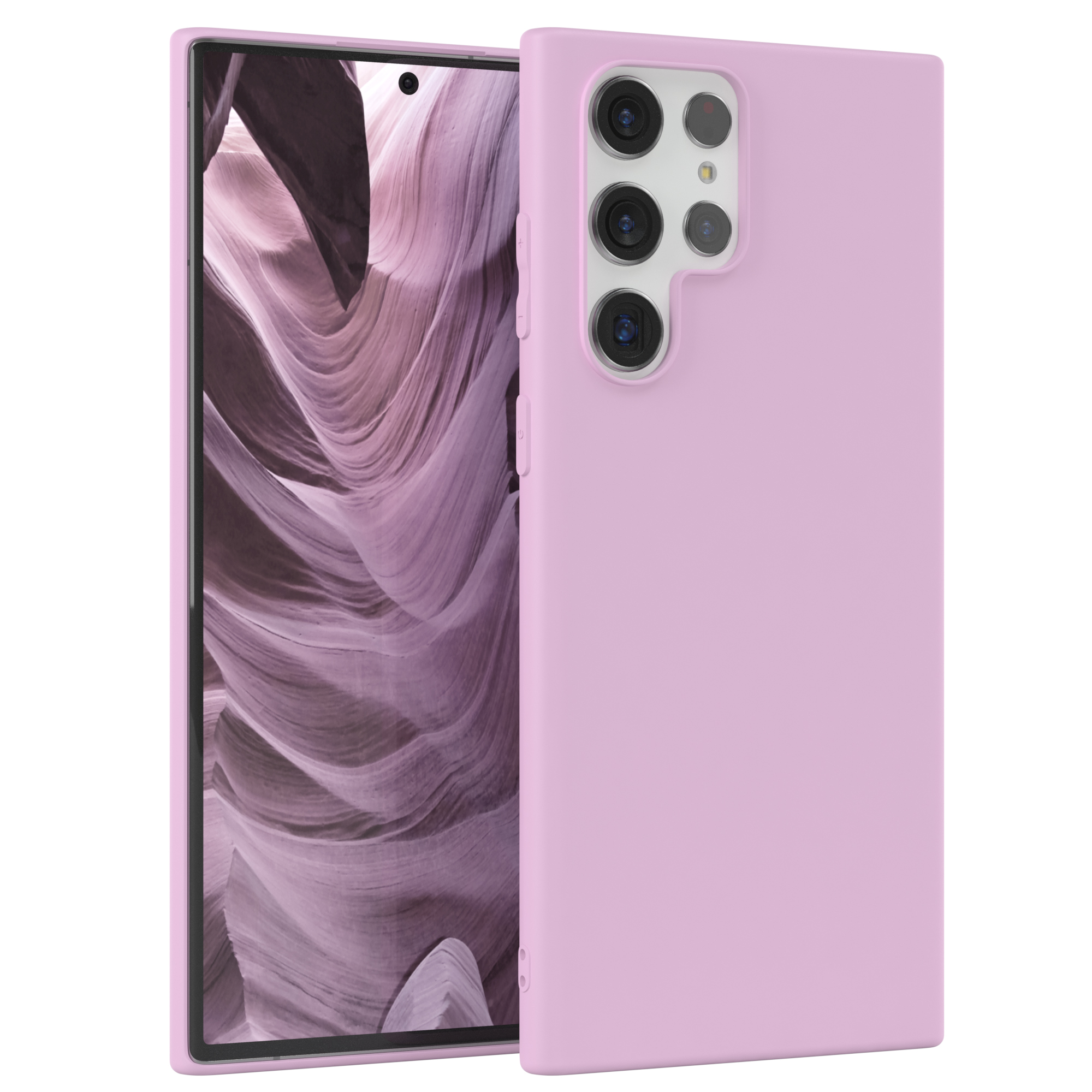 Pinkes Telefon in passender Hülle. Dreifach-Kameralinsen. Weißer Hintergrund.
