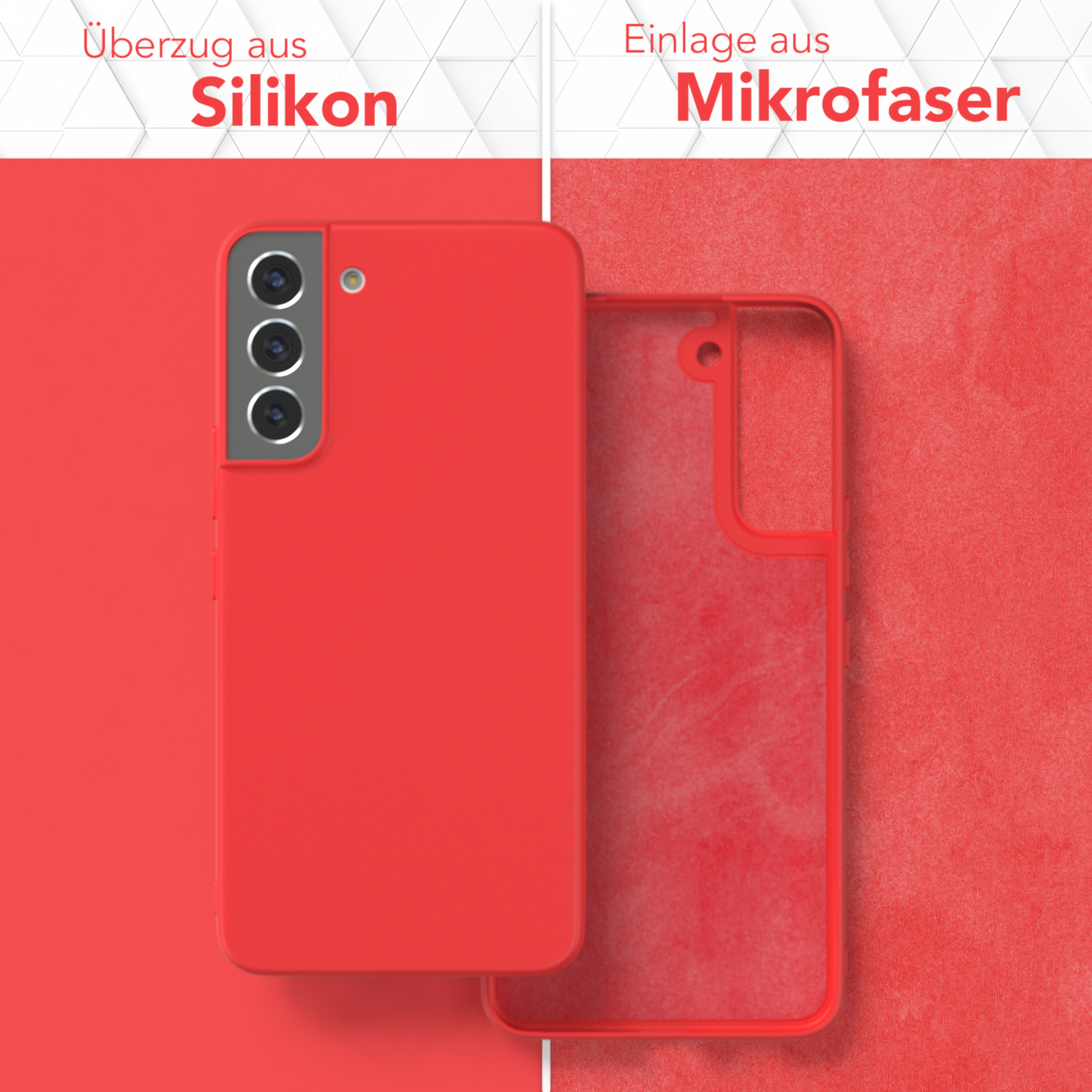 Rote Handyhülle mit dem Telefon und der Innenseite.