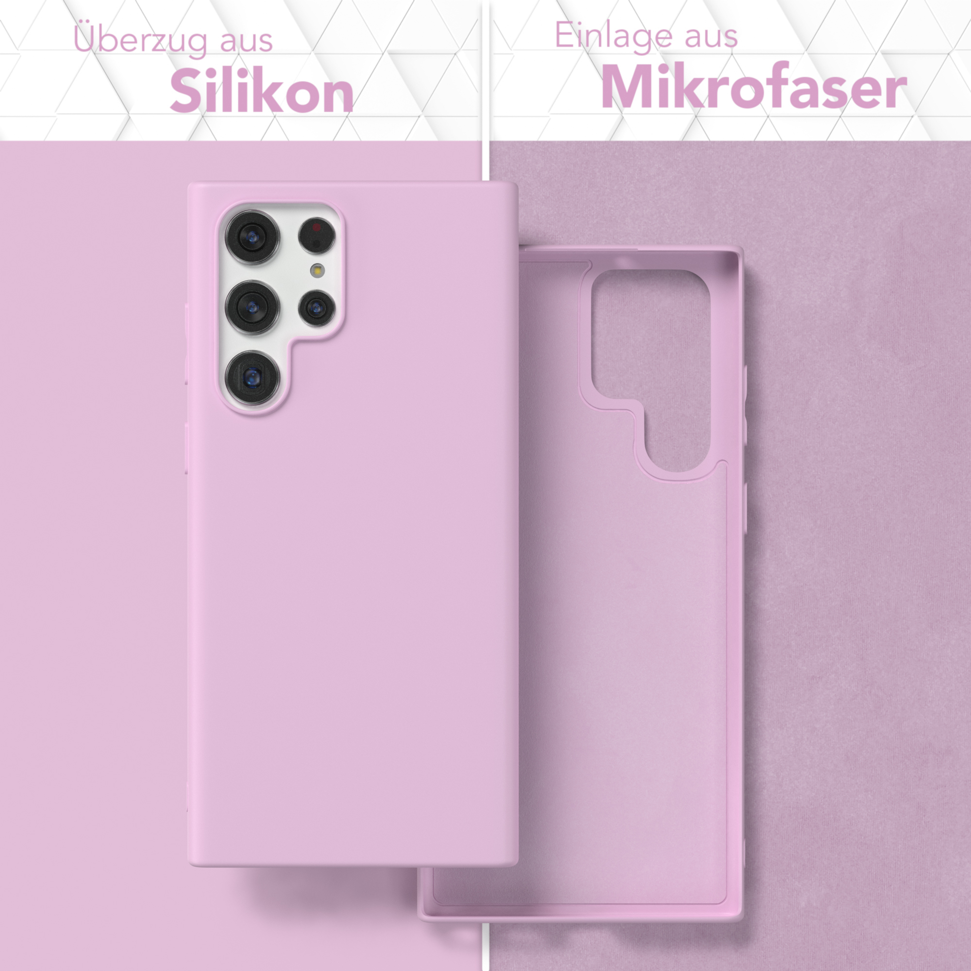Eine rosa Handyhülle und ihr Inneres. Die Hülle befindet sich neben dem zerlegten Telefon.