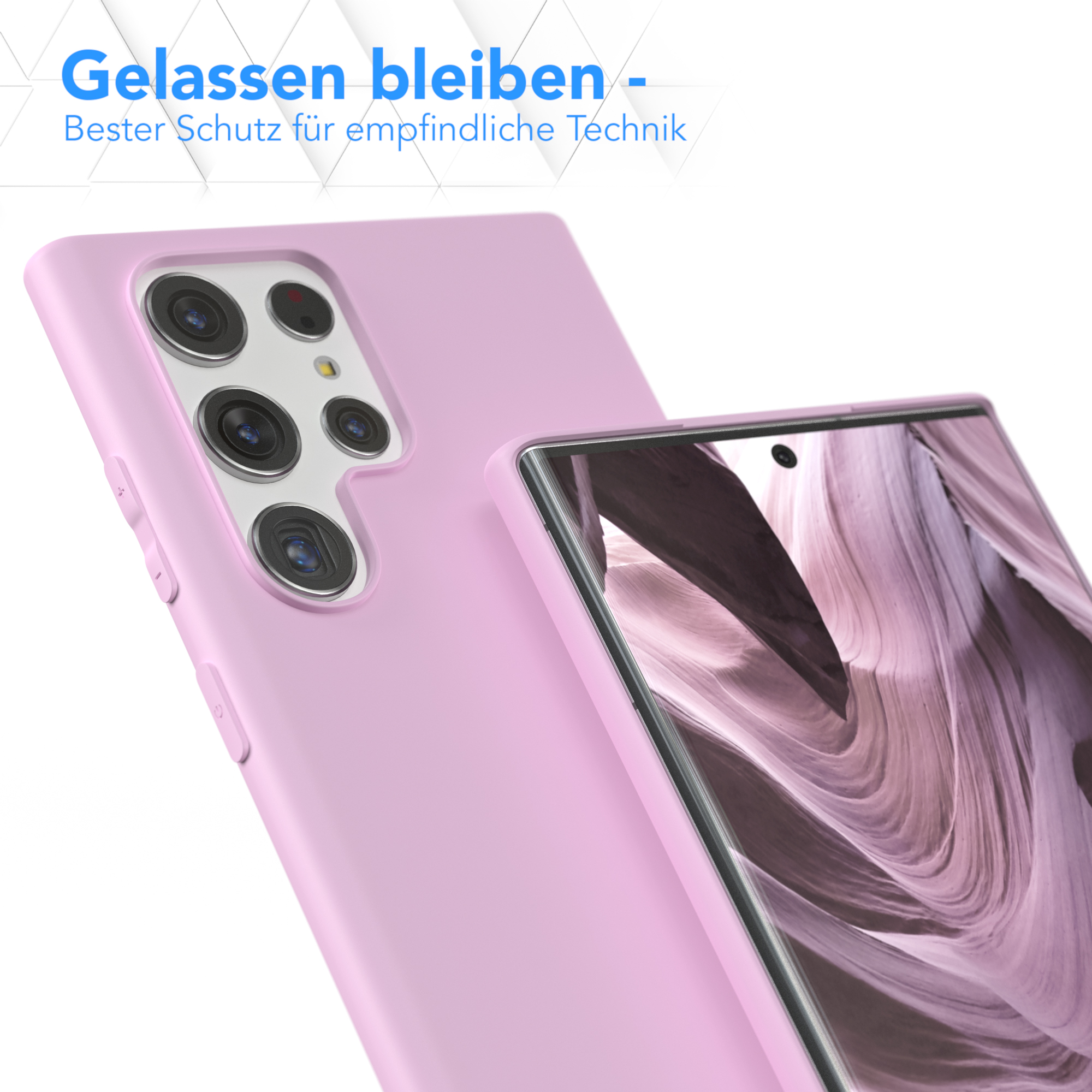 Rosa Handyhülle mit Telefon, Nahaufnahme.