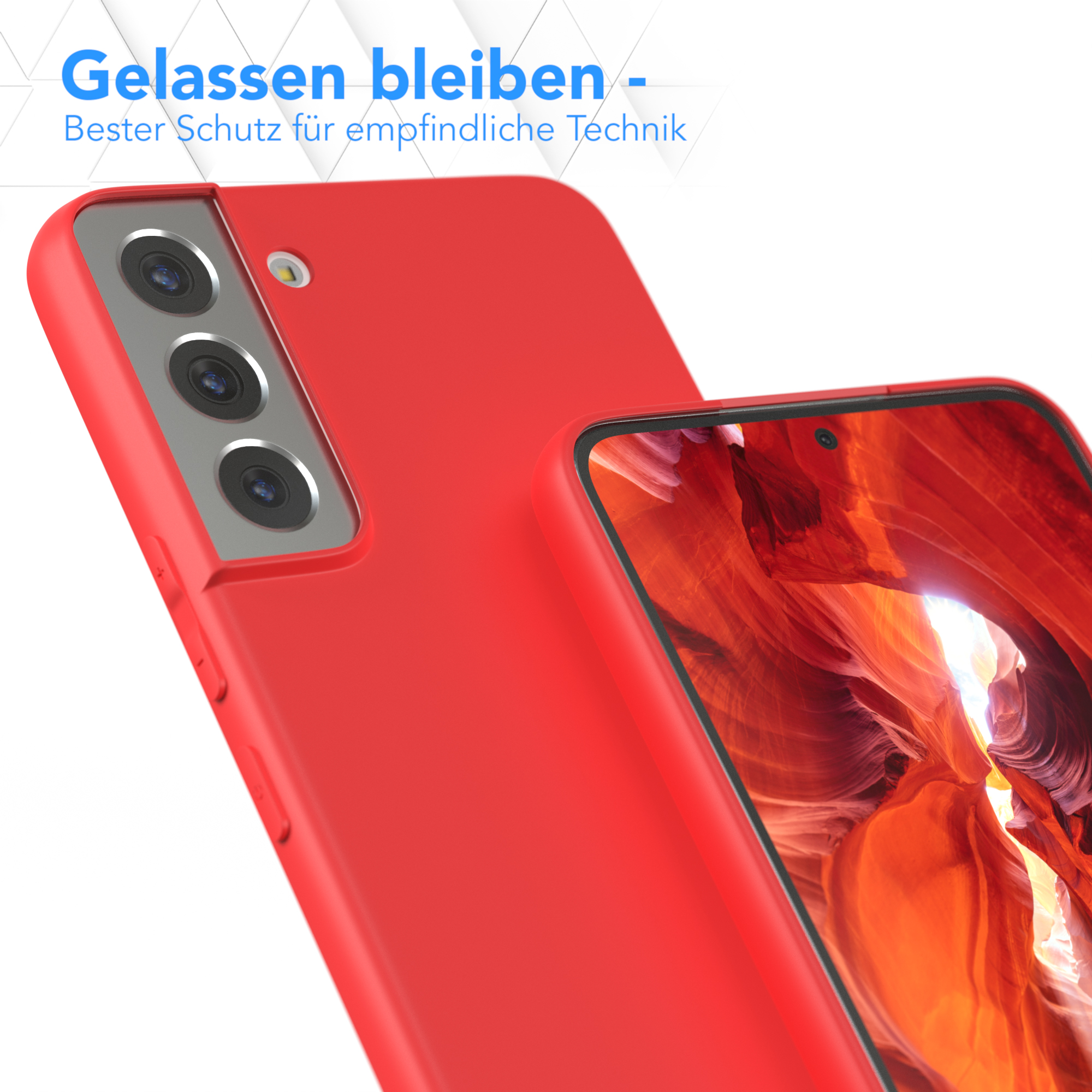 Rote Handyhülle neben einem Telefon mit einer Anzeige von goldenem Laub.