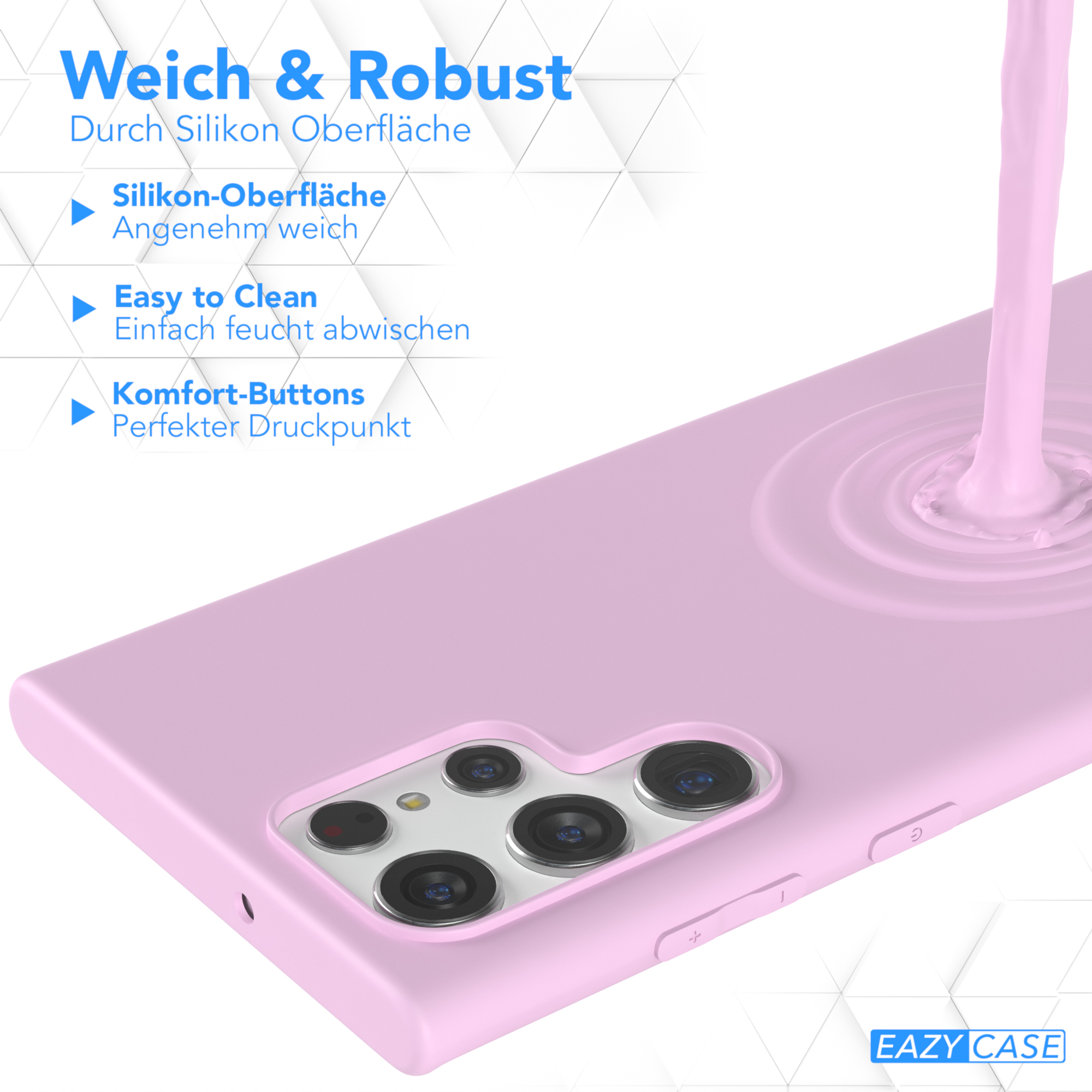 Eine rosa Handyhülle mit Wasser, das darauf gegossen wird. Text im Hintergrund.
