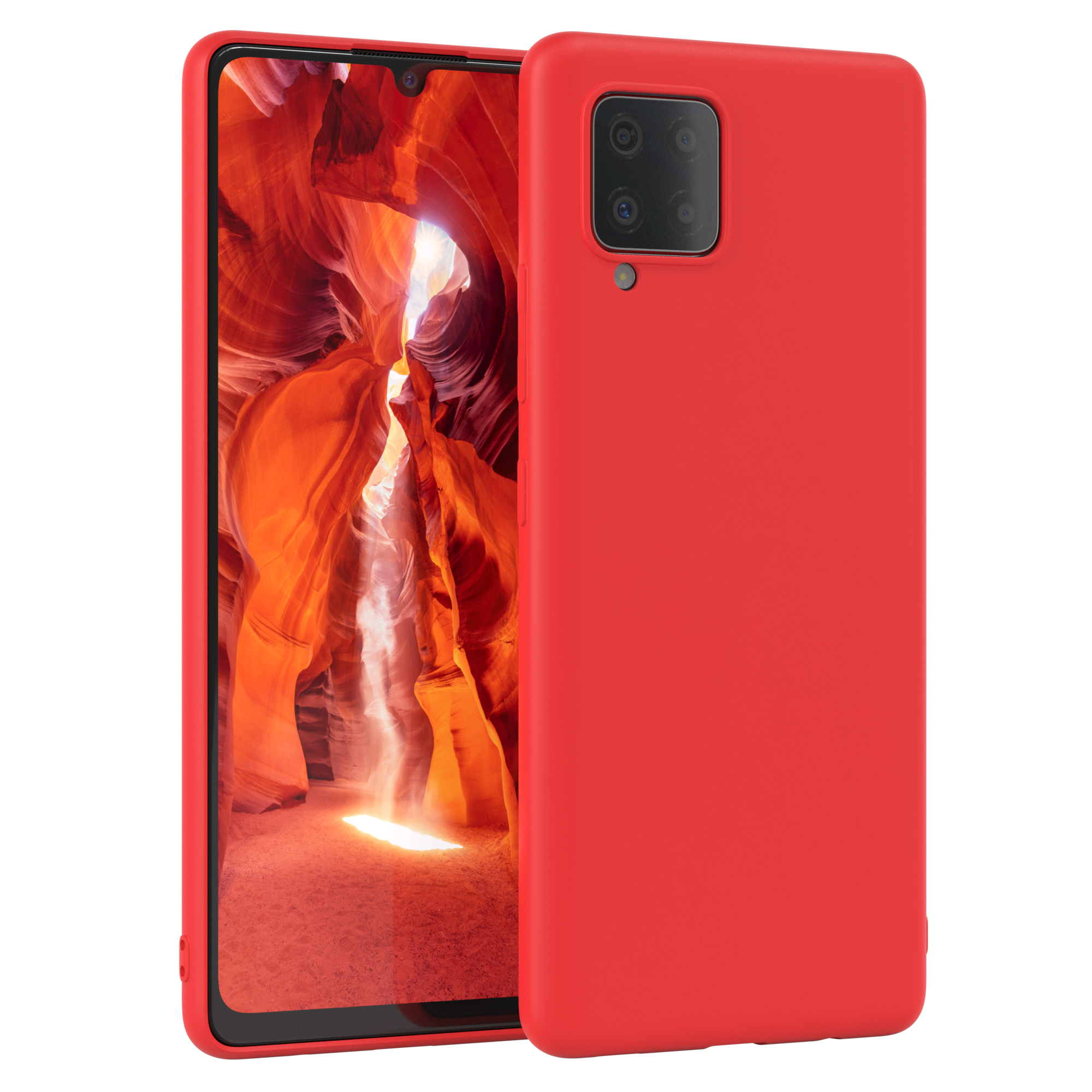 Rote Handyhülle mit Telefon. Das Telefon hat eine rote Hülle und zeigt einen orangefarbenen Hintergrund.
