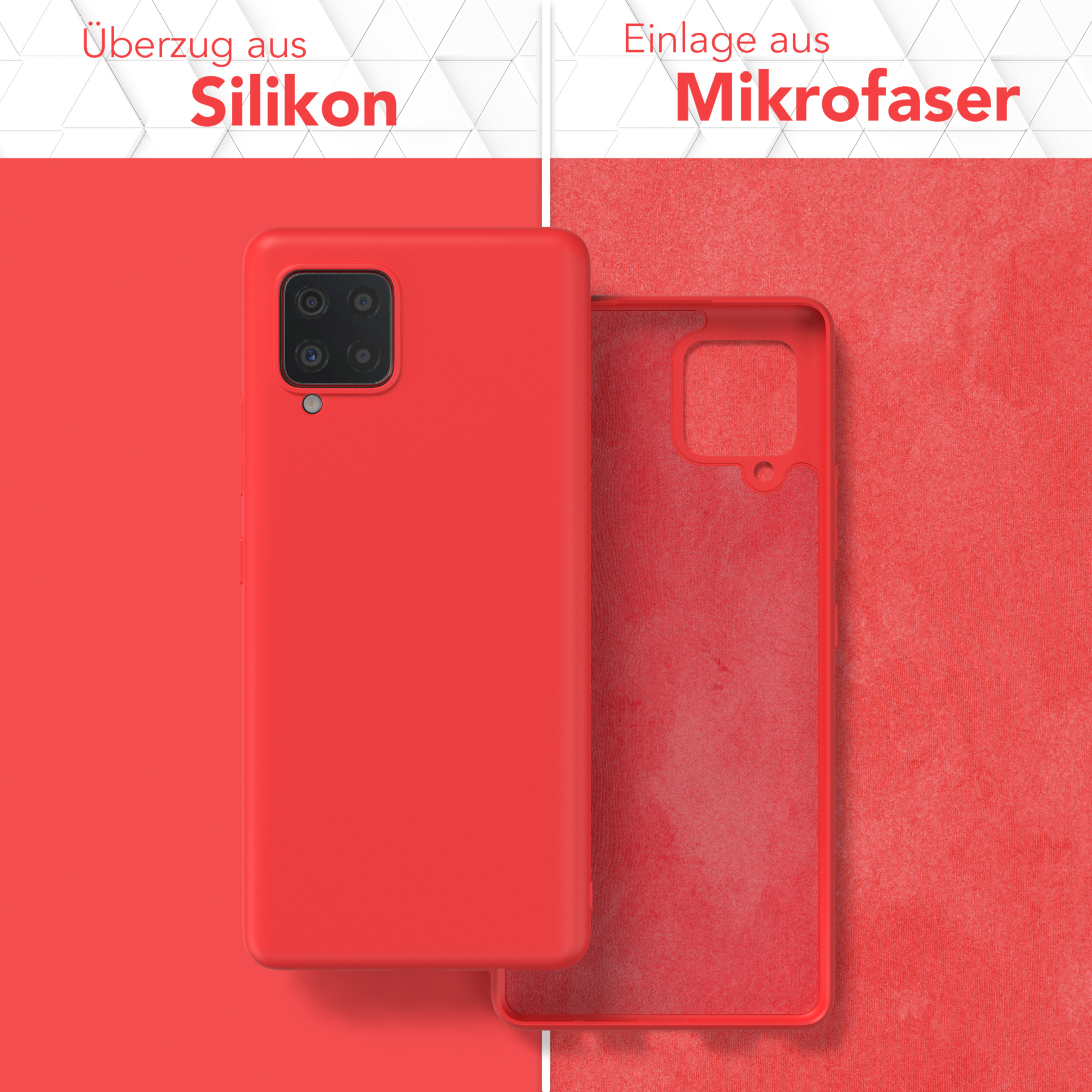 Eine rote Handyhülle mit einem Telefon darin, das die innere Mikrofaser zeigt.