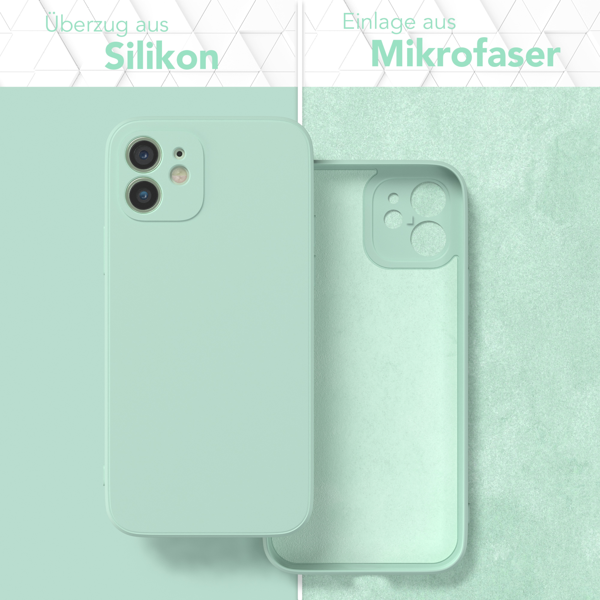 Eine mintgrüne Handyhülle, links Silikon, rechts Mikrofaser, vor grünem Hintergrund.