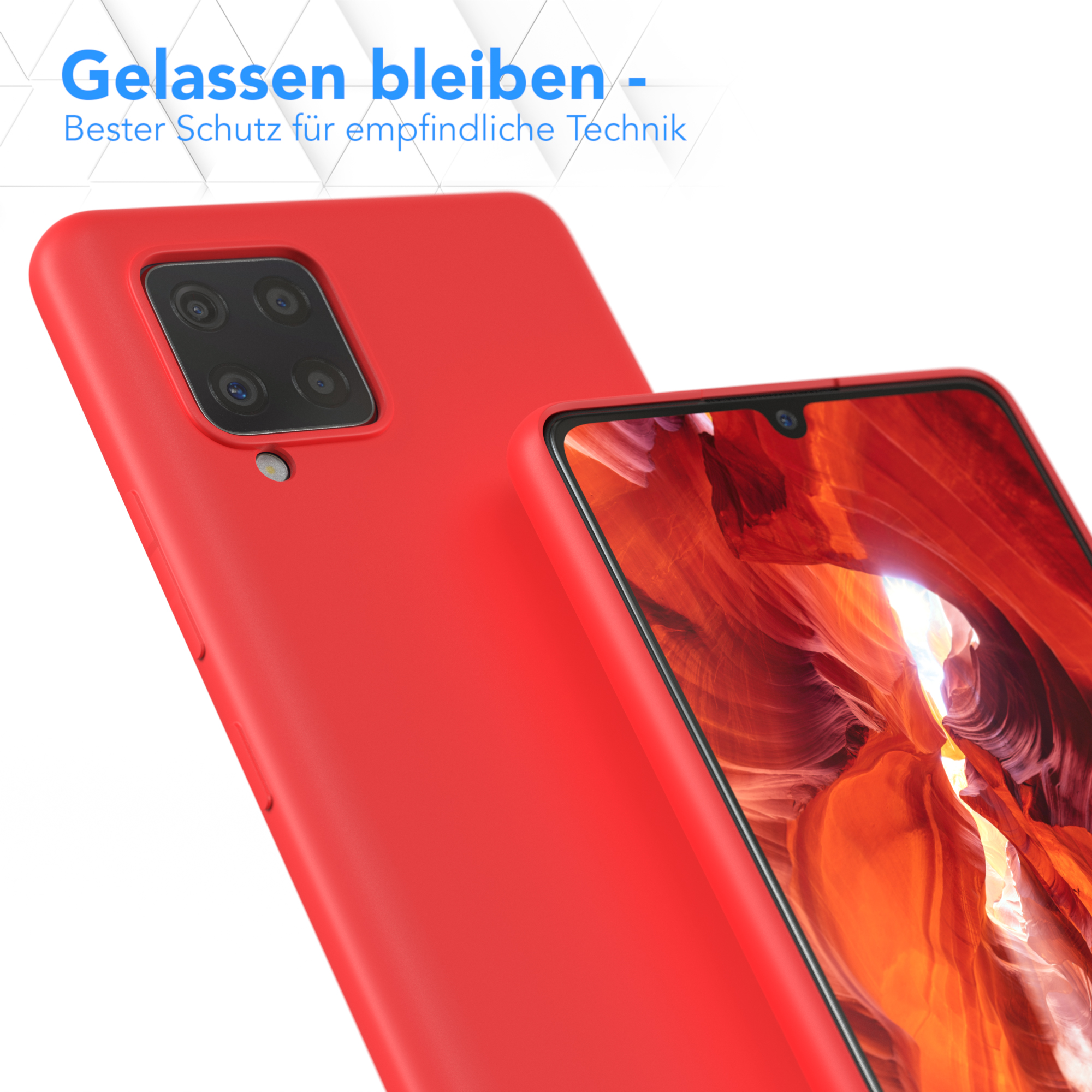 Rote Handyhülle neben einem Telefon mit einer Anzeige eines Canyons.