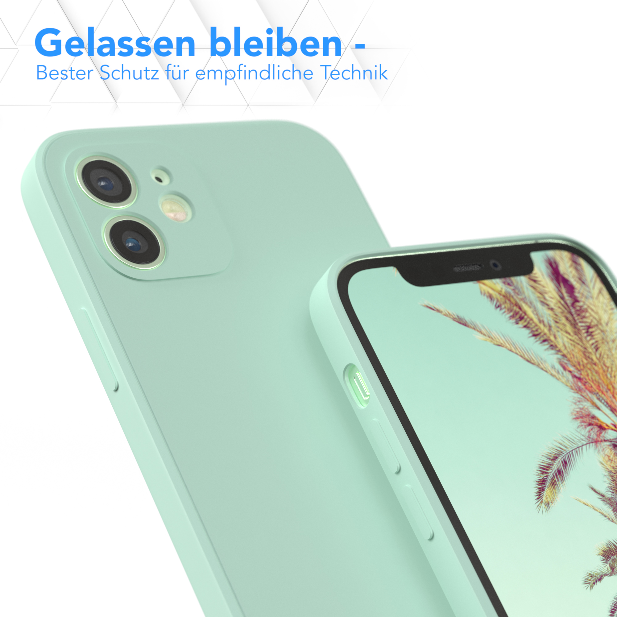 Eine Handyhülle in Meerschaumgrün, die Kameralinsen und den Rand eines Telefonbildschirms mit Bergen im Hintergrund zeigt.