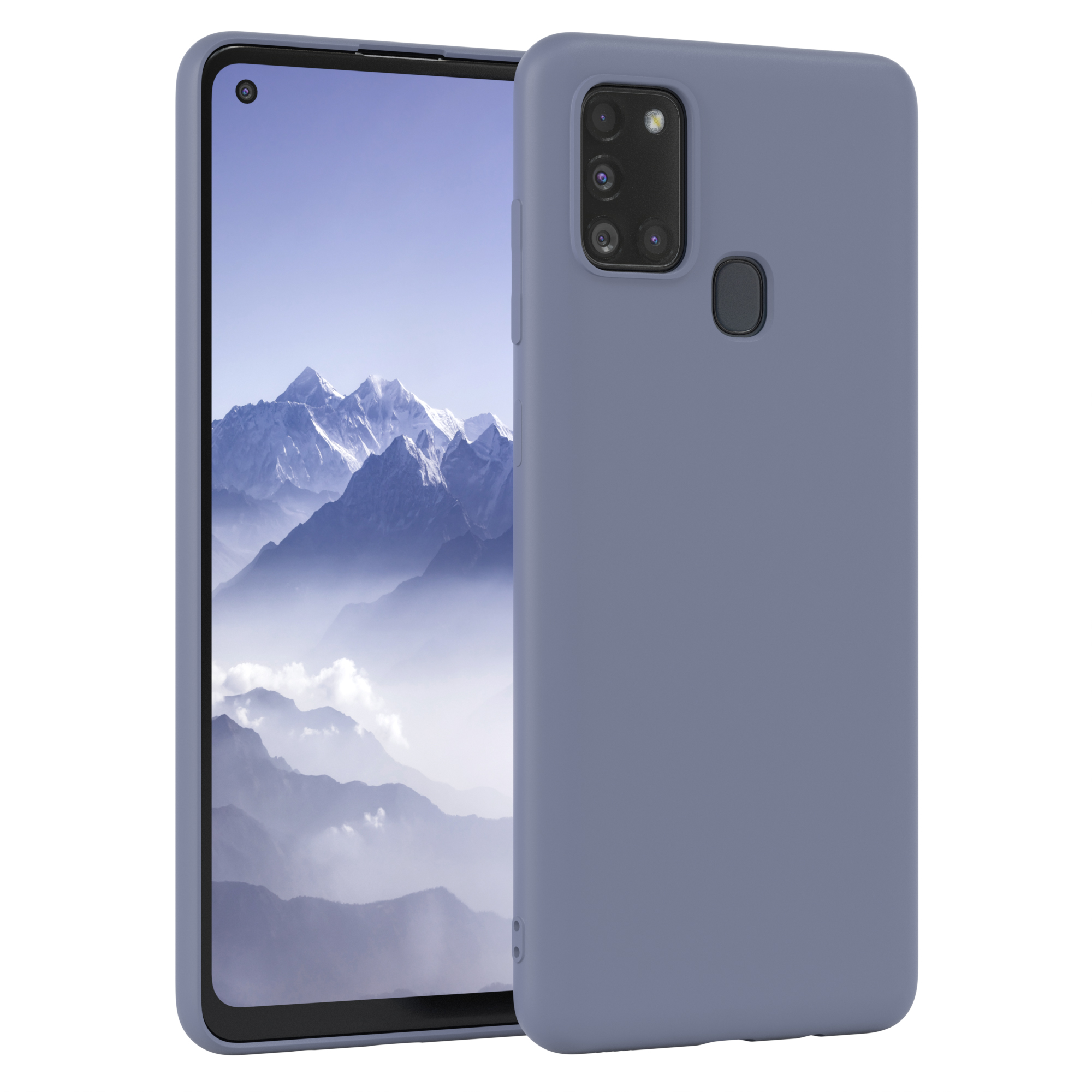 Ein Telefon in einer blauen Hülle und ein Telefon mit Bildschirm, isoliert.