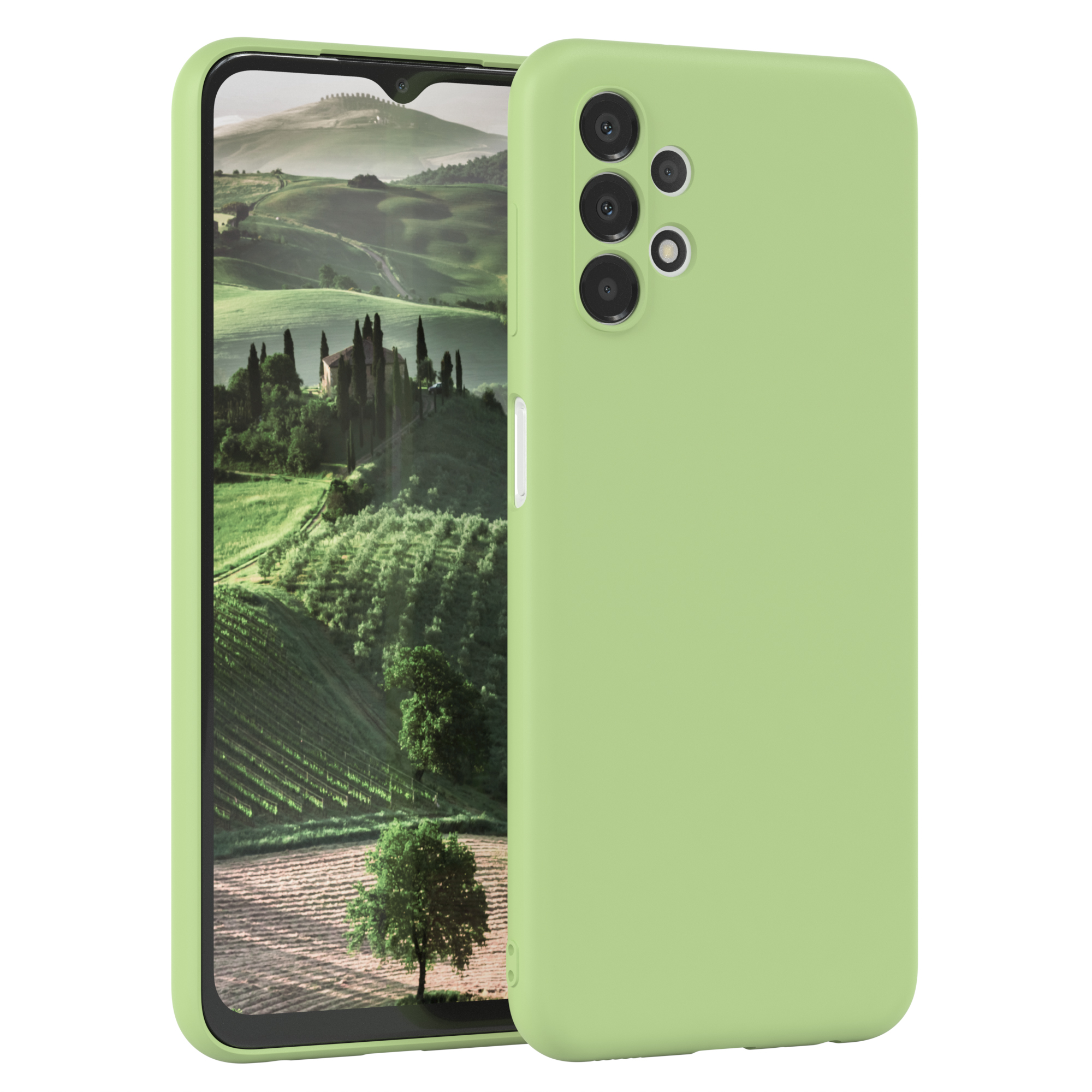 Grüne Handyhülle mit Landschaft aus grünen Hügeln und Bäumen.