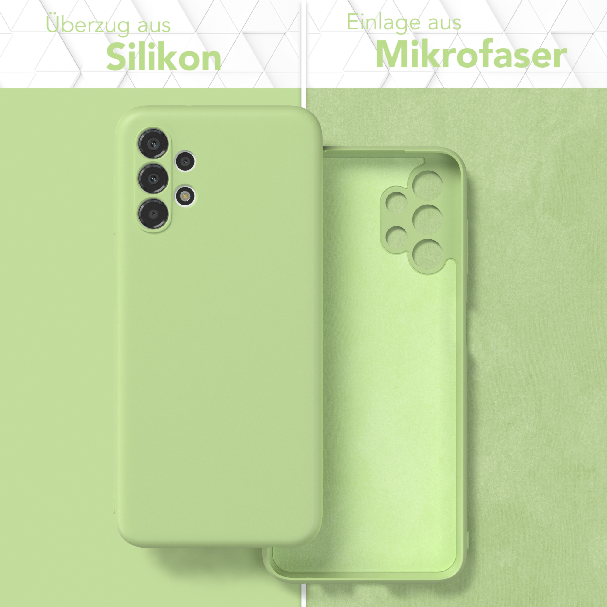 Eine hellgrüne Handyhülle, geöffnet, mit einem Mikrofaser-Innenraum.