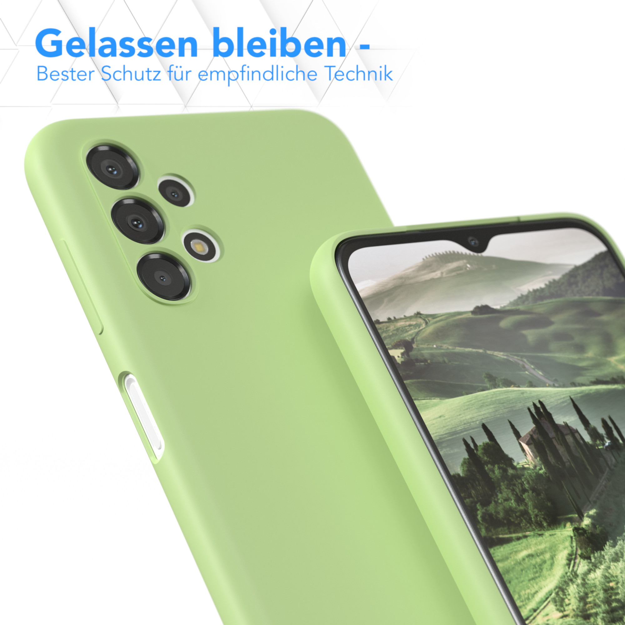 Eine grüne Handyhülle schützt ein Telefon, mit hellem Bildschirm.