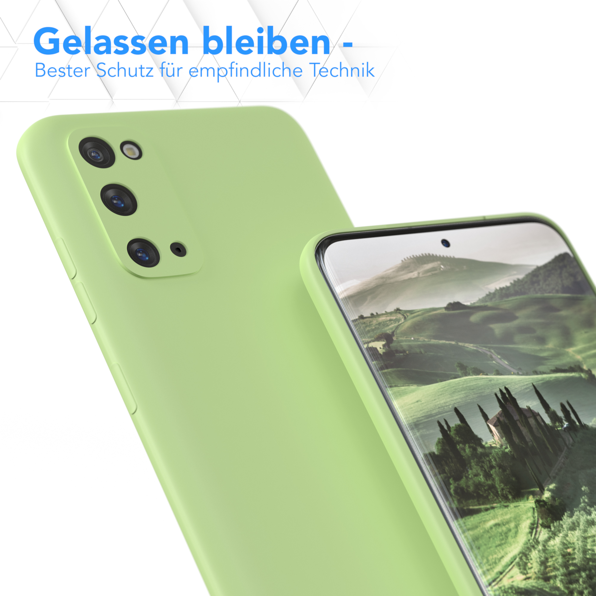 Grüne Handyhülle, leicht angewinkelt, mit einem Telefon. Das Telefon zeigt eine Landschaftsansicht.