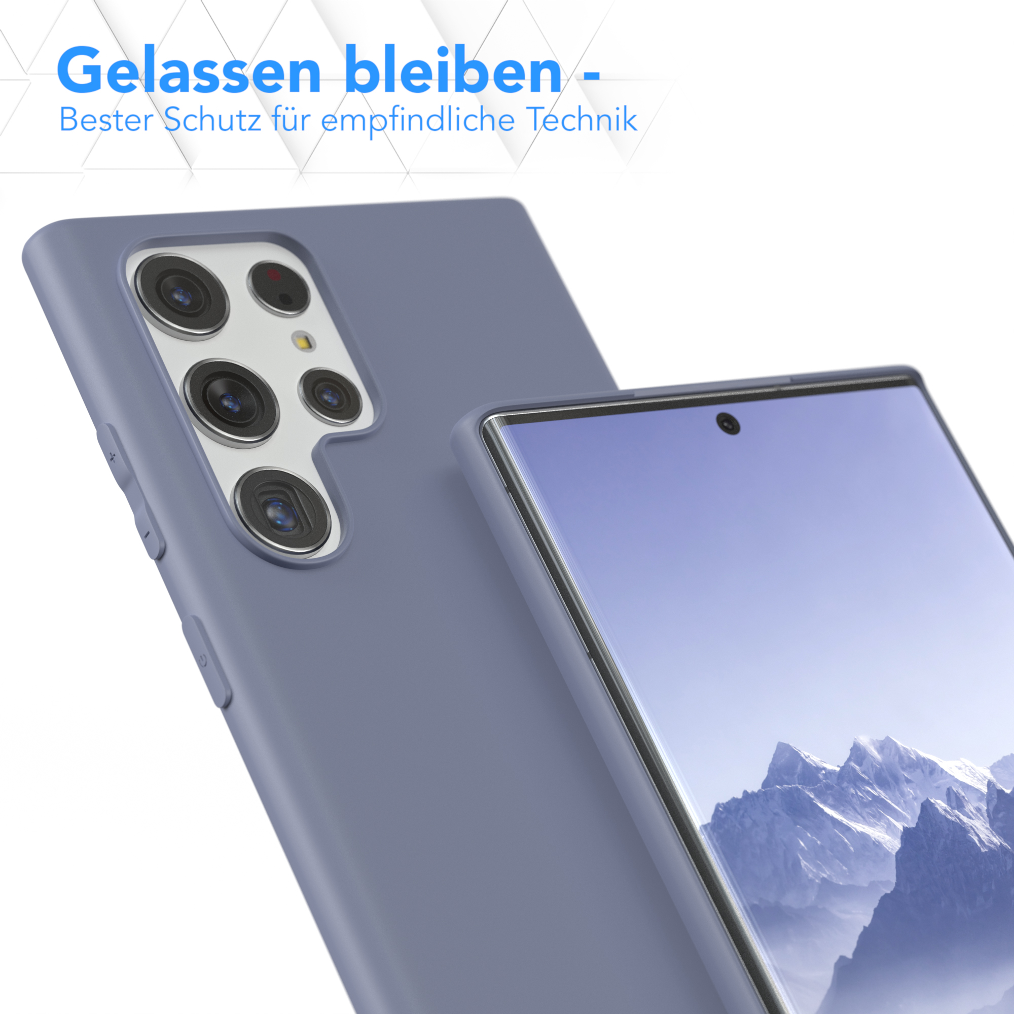 Eine rosa Handyhülle auf einem Telefon, mit einer Berglandschaft auf dem Bildschirm.