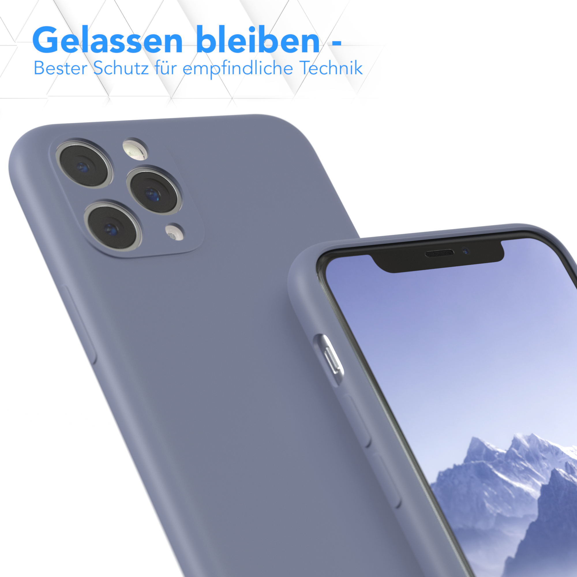 Eine blaue Handyhülle und ein Handybildschirm werden gezeigt. Text auf Deutsch ist sichtbar.