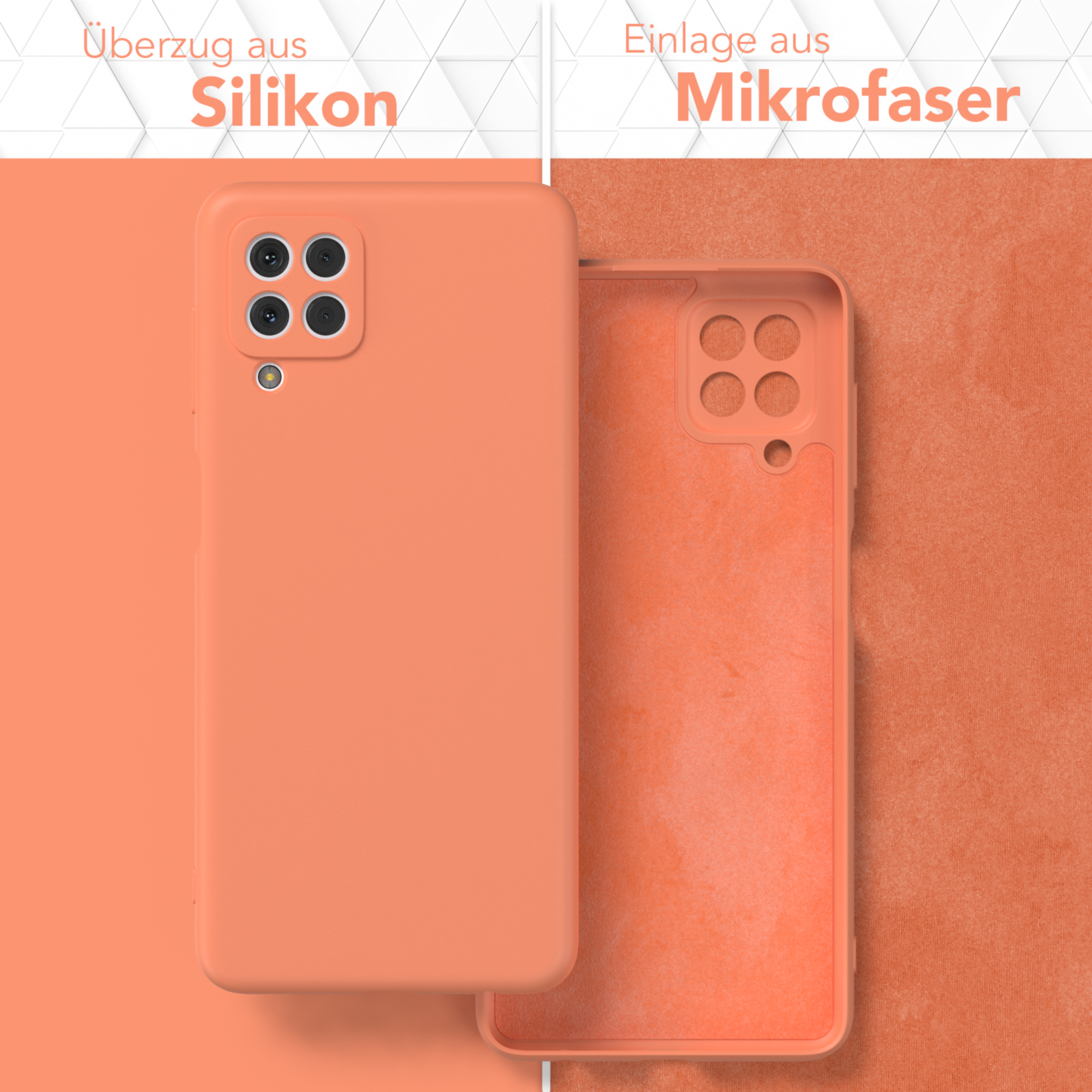 Eine Handyhülle in Orange mit Silikon außen und Mikrofaser innen wird gezeigt.