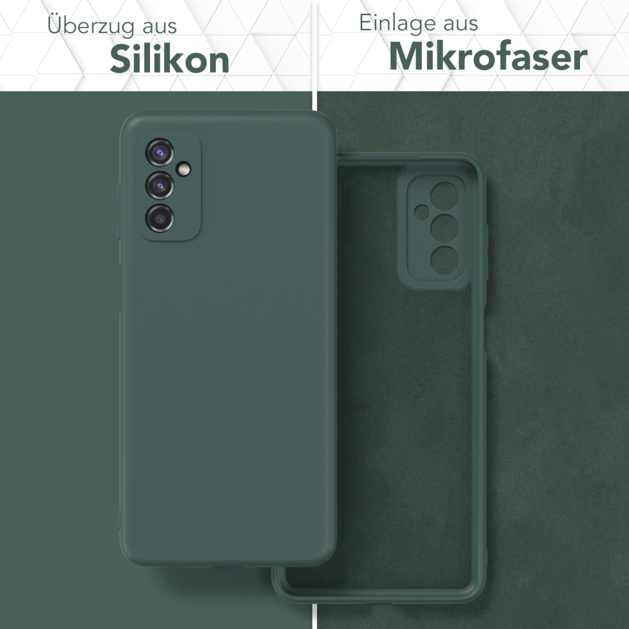 Zwei Handyhüllen. Eine dunkelgrün, die andere transparent. Beide zeigen Innen- und Außenseite.