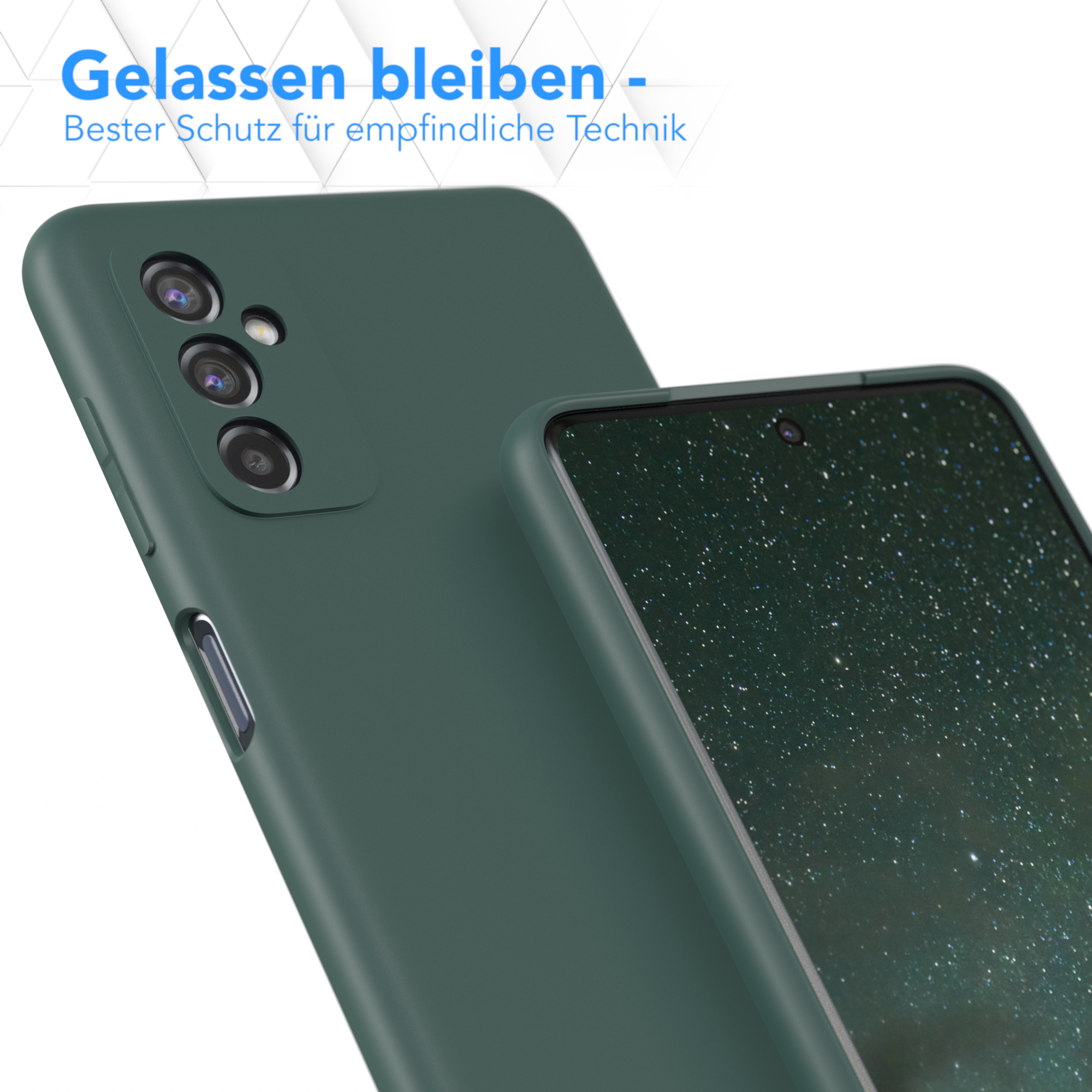 Nahaufnahme einer dunkelgrünen Handyhülle und eines Telefons. Die Handyhülle befindet sich neben dem Telefon.