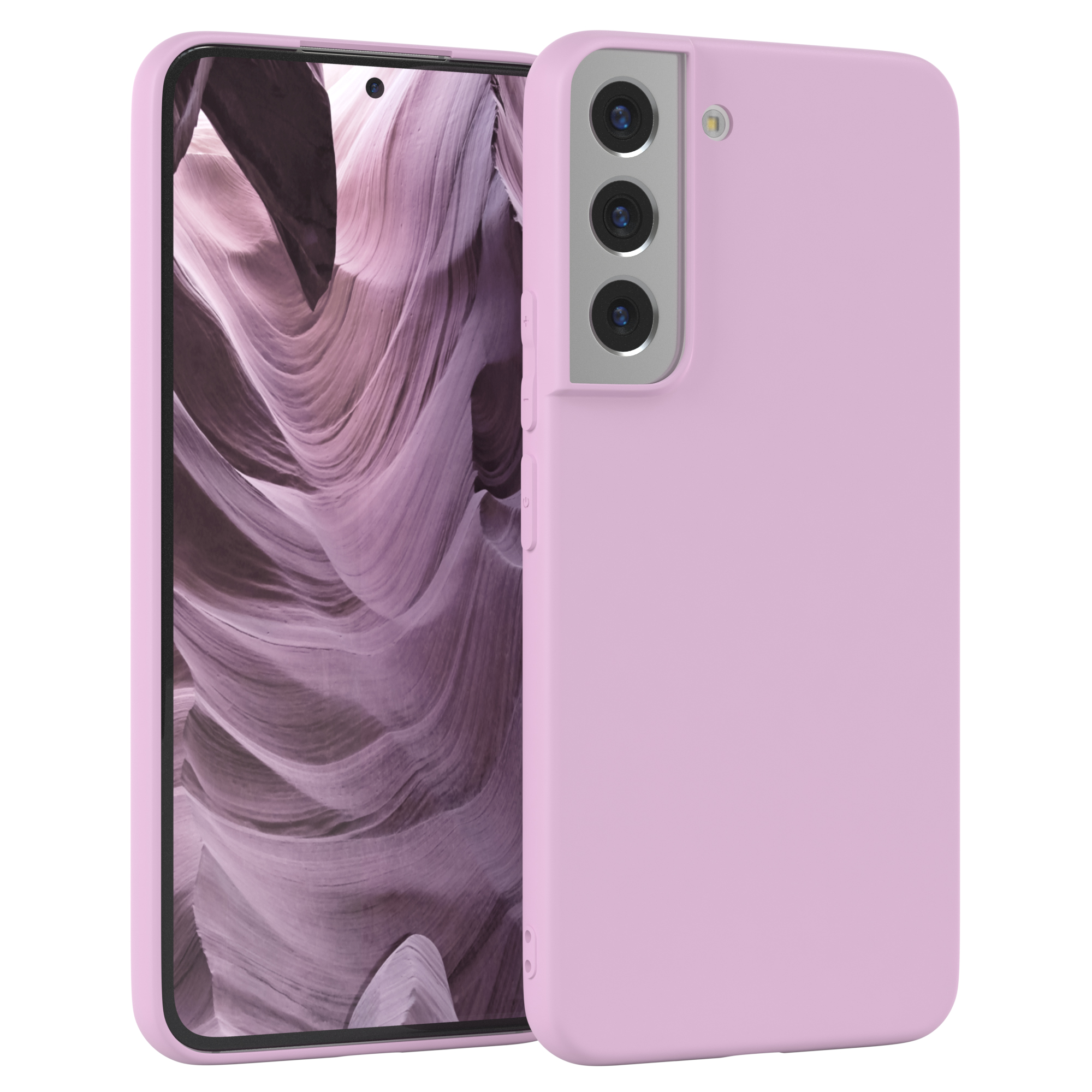 Rosa Handyhülle mit einem Telefon. Das Telefon ist an der Seite, mit rosa Hintergrund.