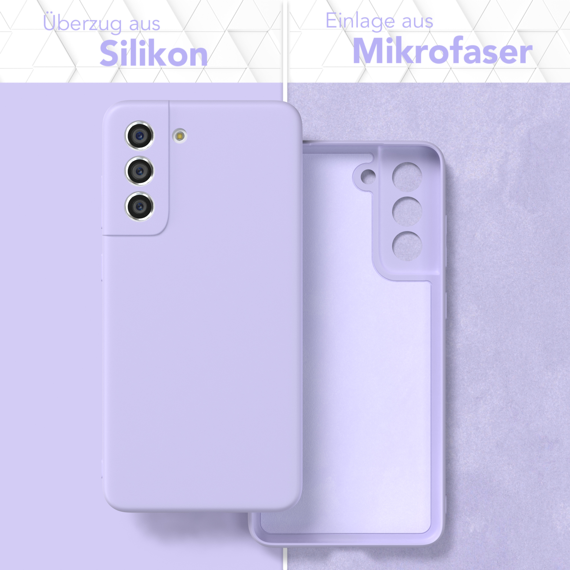 Zwei Handyhüllen. Eine helllila, die andere transparent. Beide zeigen Innen- und Außenseite.