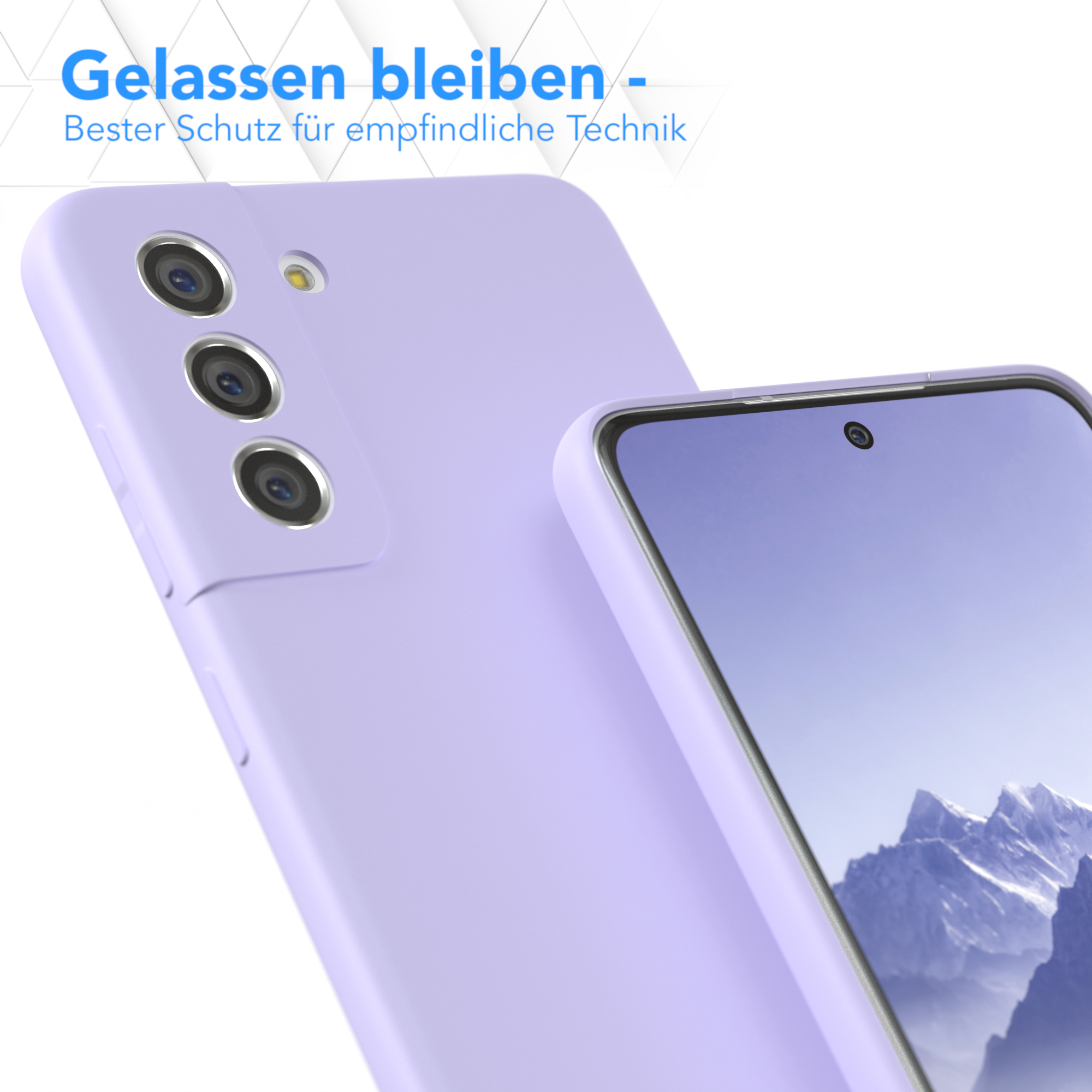 Eine hellviolette Handyhülle mit passendem Handy im Hintergrund. Der Telefonbildschirm ist sichtbar.