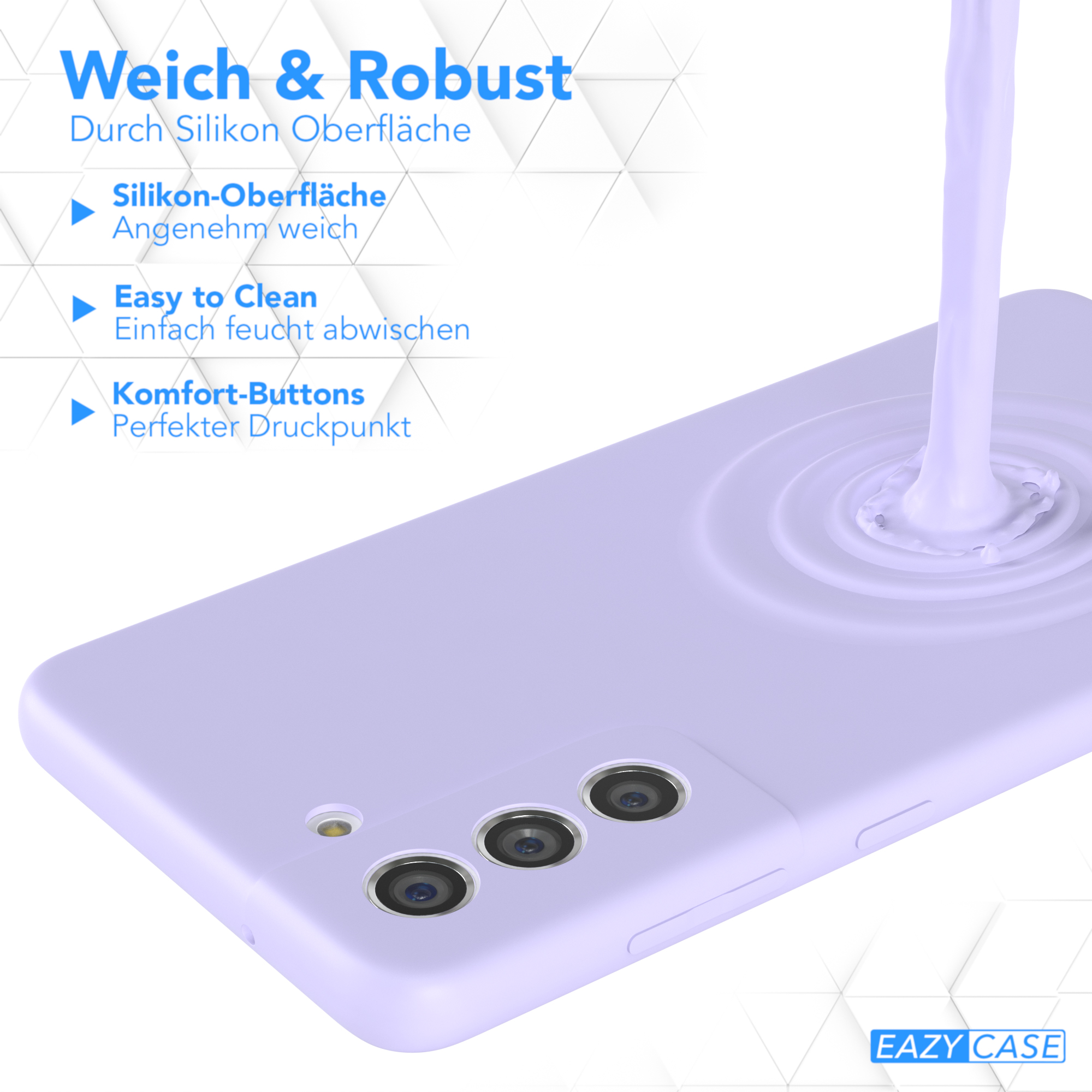 Eine lavendelfarbene Handyhülle mit Wasser, das darauf gegossen wird. Text im Hintergrund.