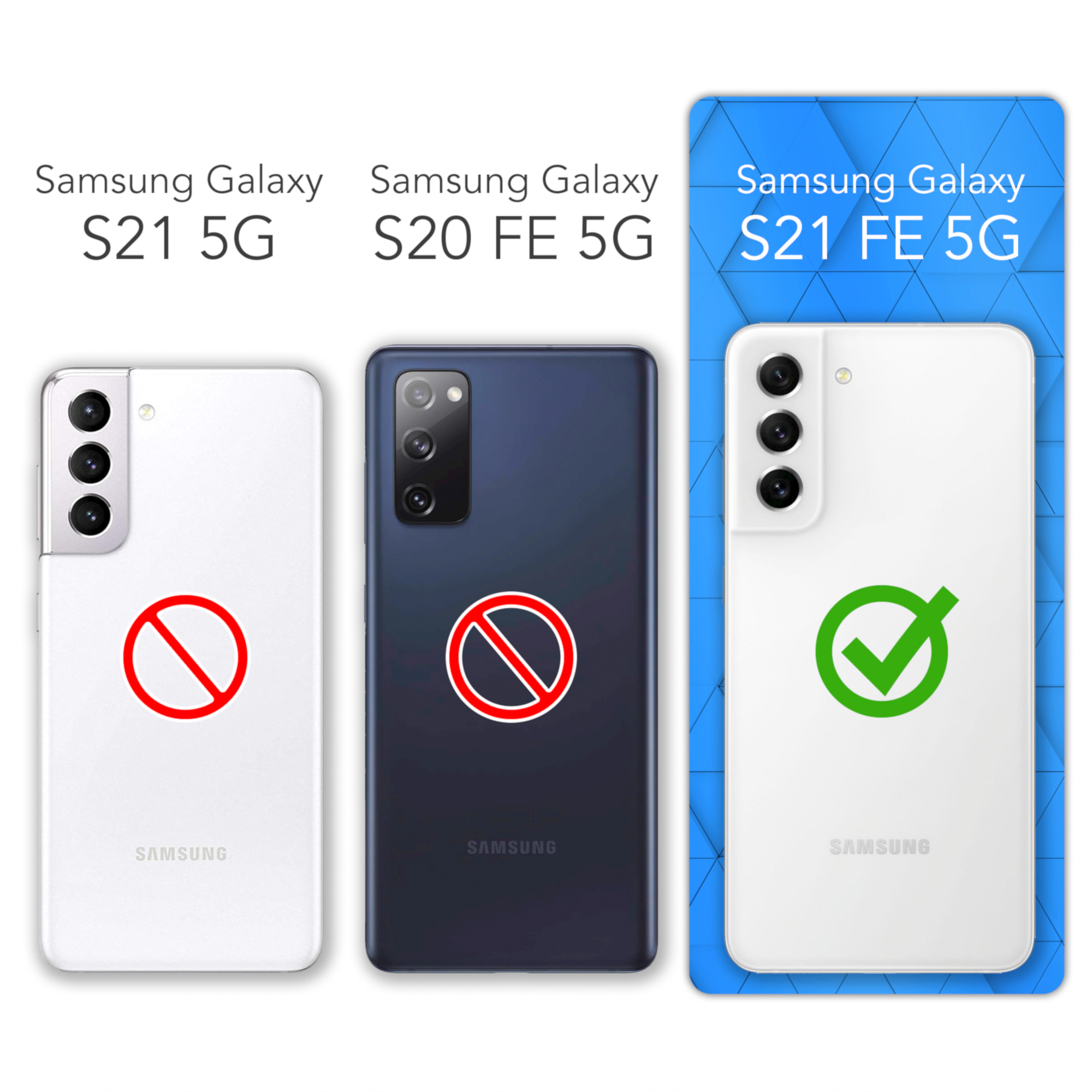 Drei Telefone, zwei mit rotem X markiert, eines mit grünem Häkchen, beschriftet 'Samsung Galaxy'.