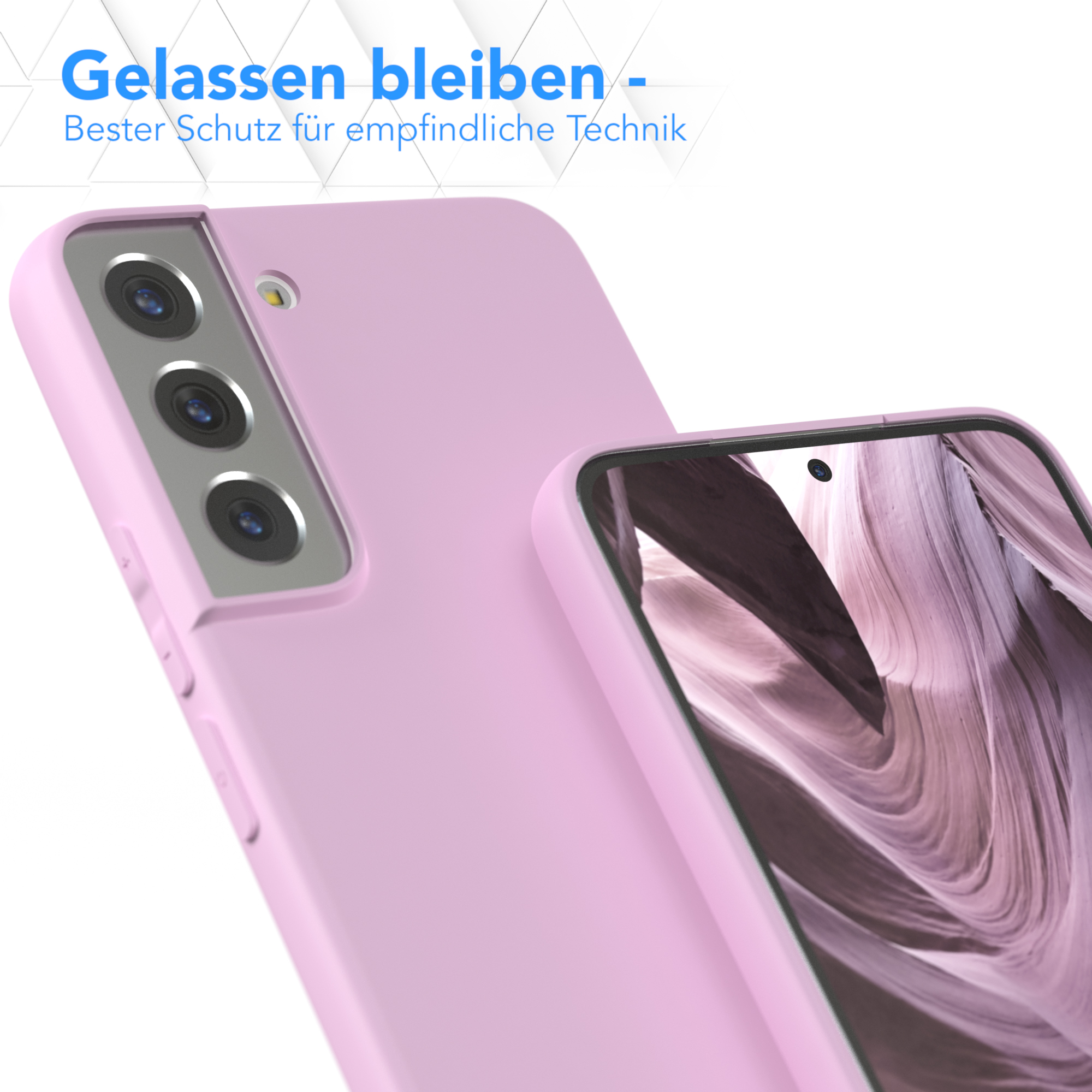 Eine rosa Telefonhülle und ein Telefon. Das Telefon zeigt eine Naturszene. Text: 'Gelassen bleiben'.