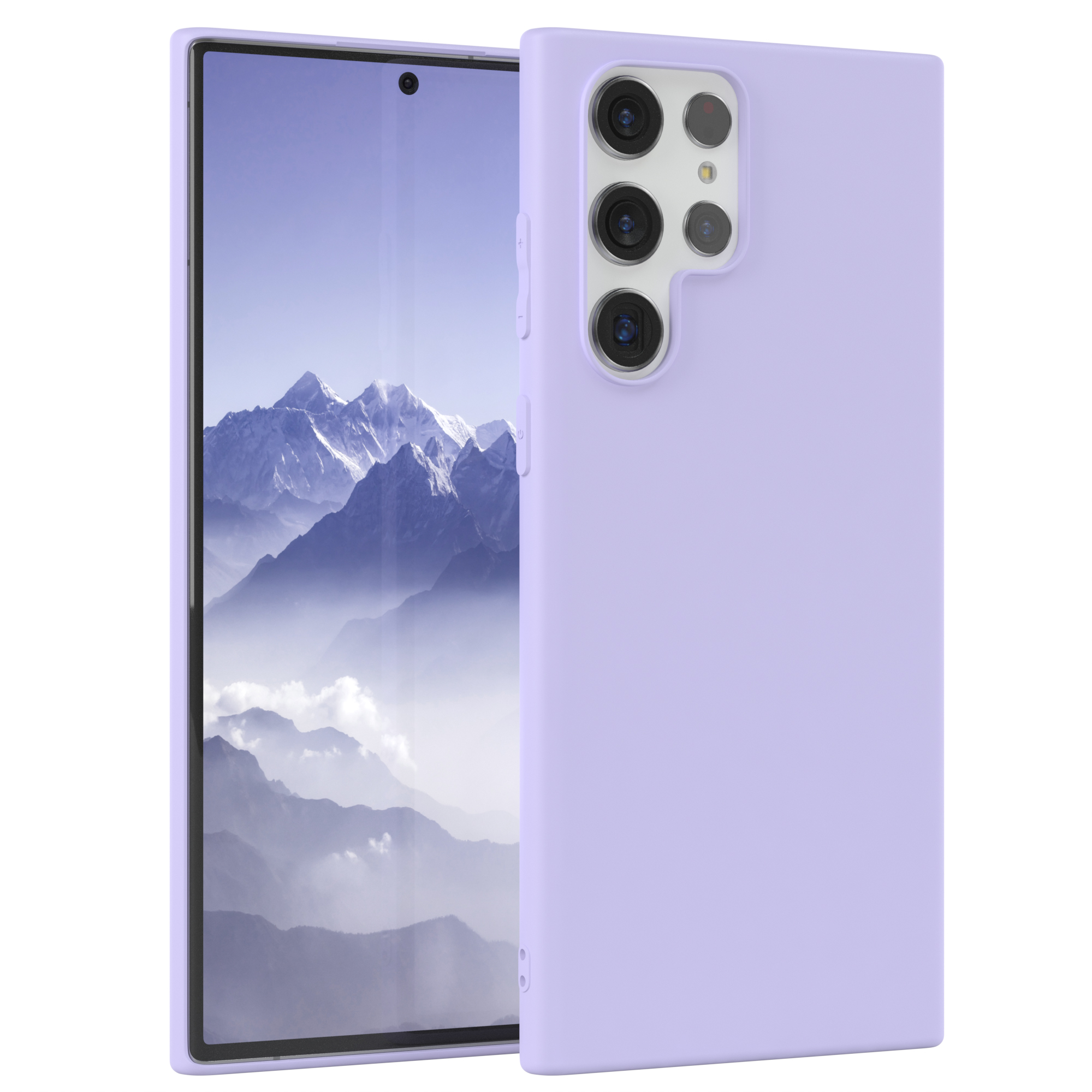 Lila Handyhülle mit Telefon darin. Das Telefon zeigt eine Berglandschaft.