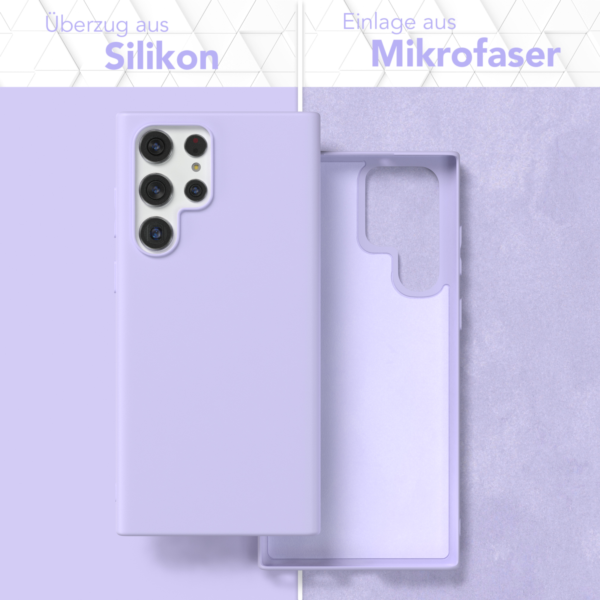 Eine Handyhülle mit Telefon und eine weitere Hülle, beide lila, mit Text oben, der Silikon sagt.