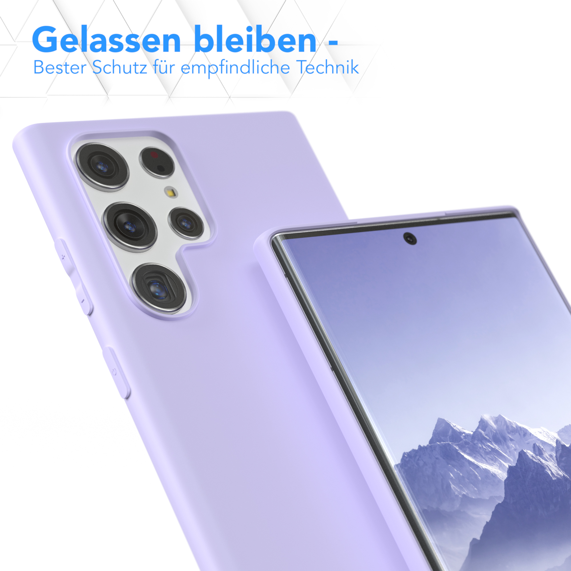 Zwei lila Handyhüllen, eine mit Telefon. Text oben.