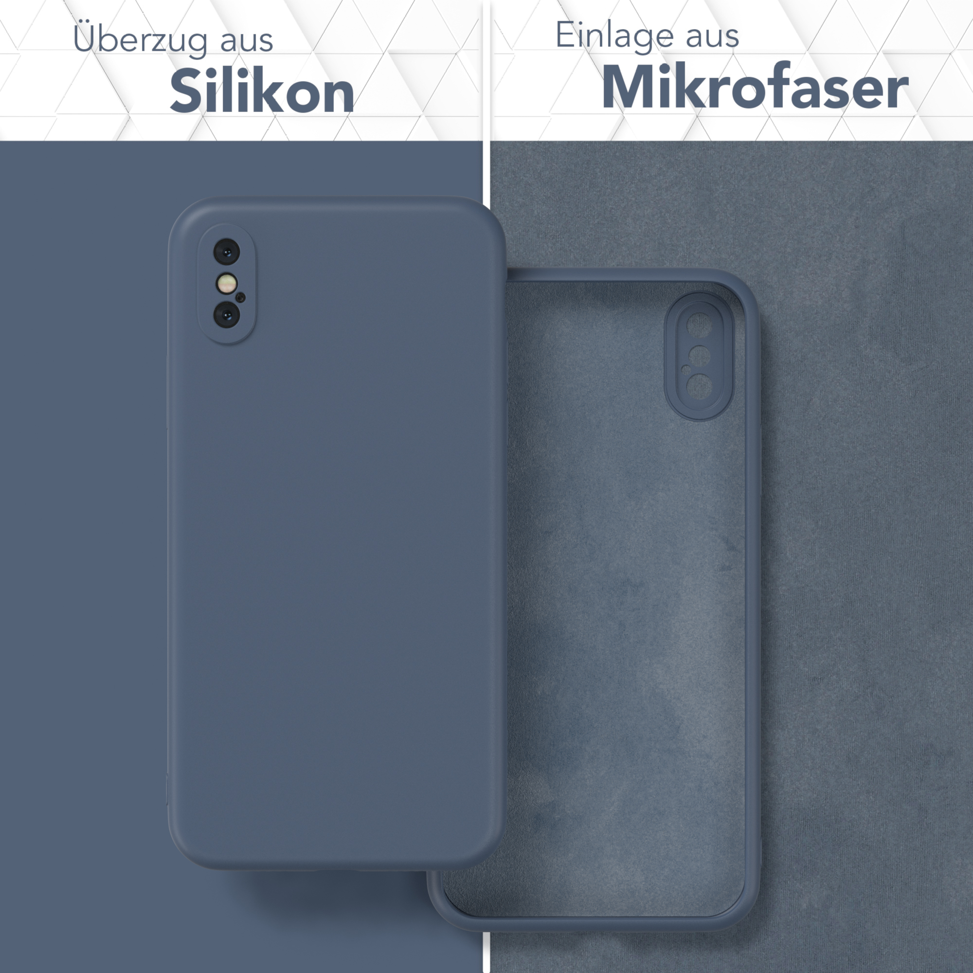Blaue Handyhülle mit Mikrofaser-Innenseite. Text: Überzug aus Silikon und Einlage aus Mikrofaser.
