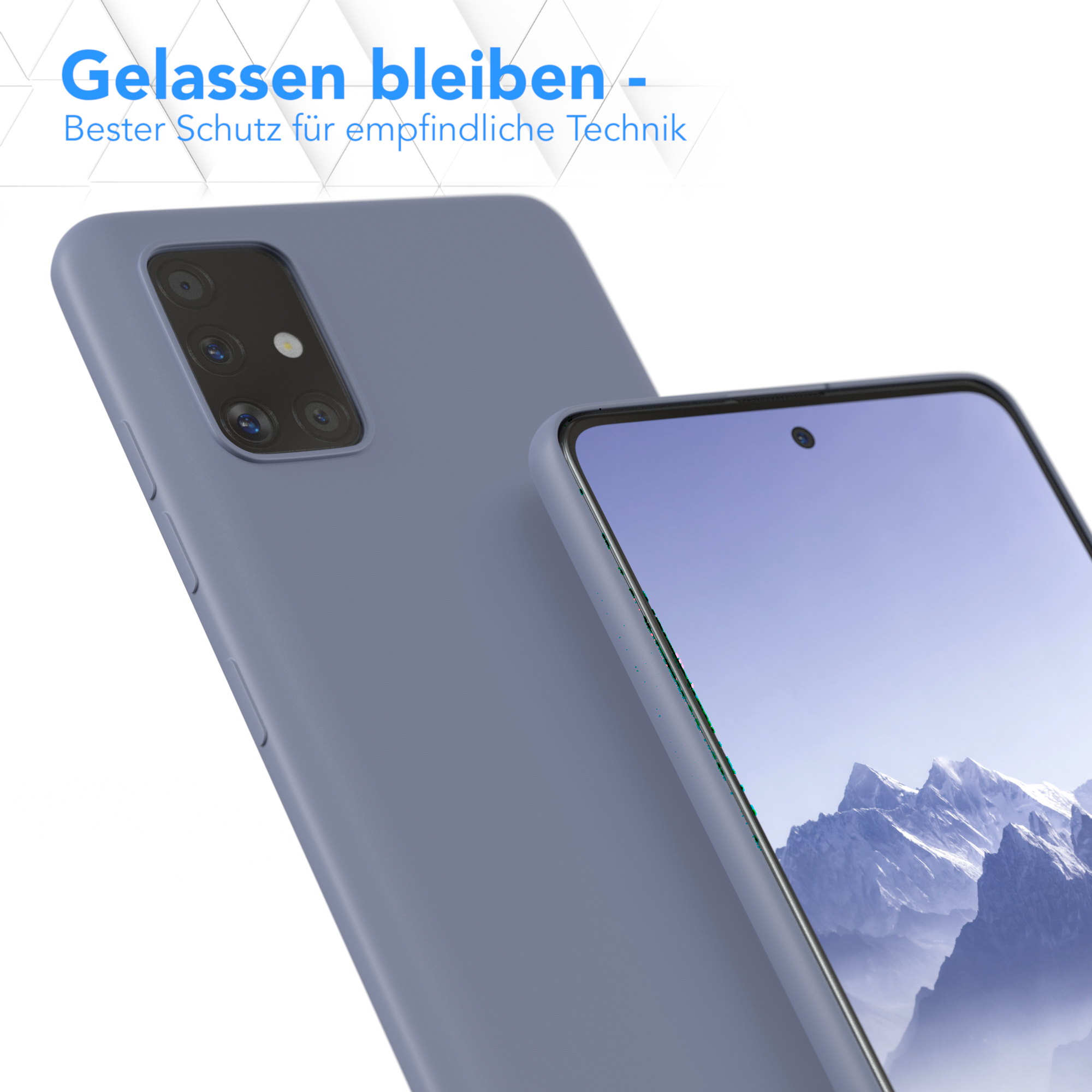 Ein Telefon in einer Hülle, das auf einer Oberfläche liegt. Text: Gelassen bleiben - Bester Schutz für empfindliche Technik.