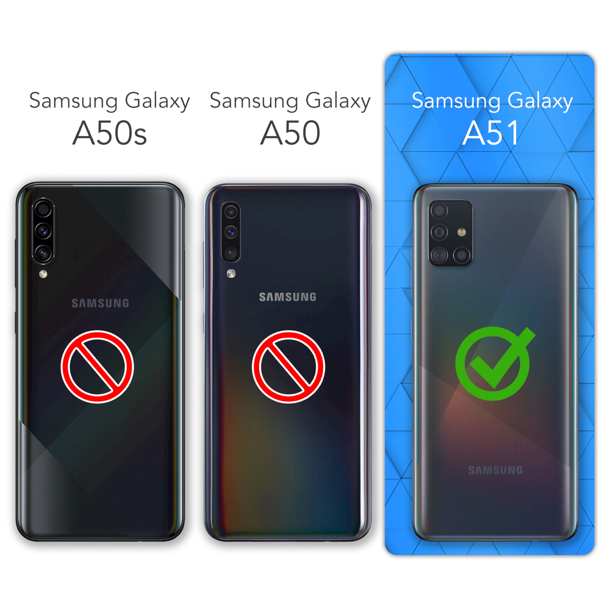 Vergleich von drei Telefonen: Samsung A50s, A50 und A51, wobei A51 ein Häkchen hat.