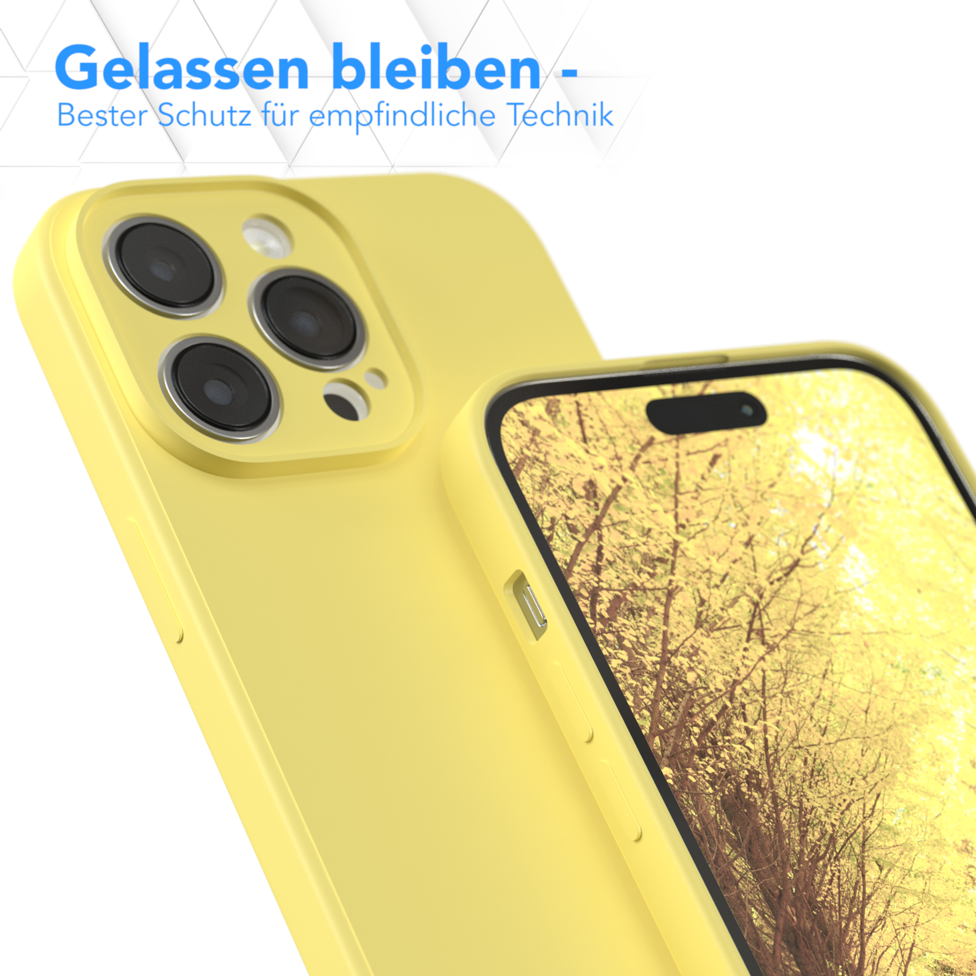 Gelbe Handyhülle und Telefon, Text. Weißer Hintergrund.