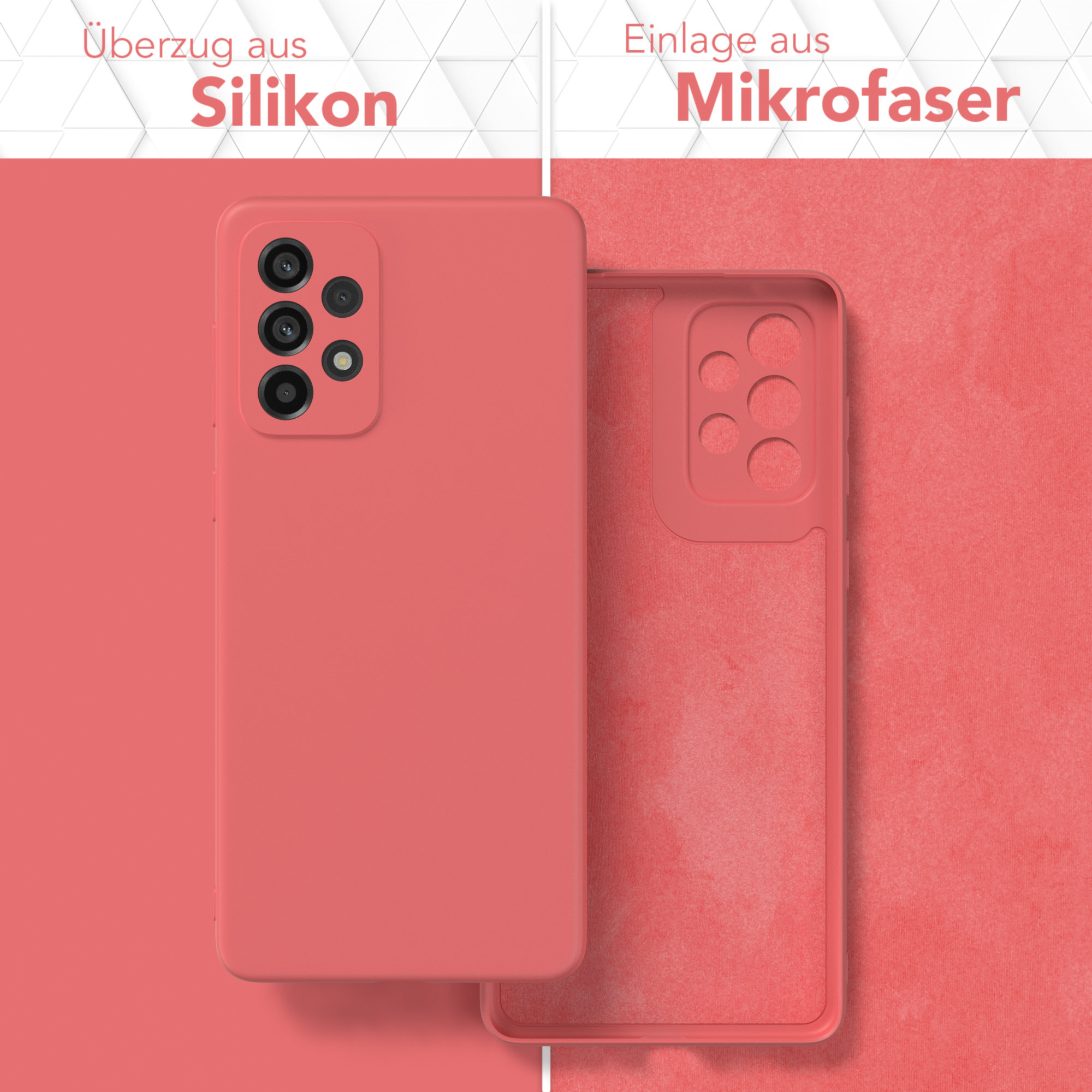 Zwei Handyhüllen, korallenfarbenes Silikon links und korallenfarbene Mikrofaser rechts, mit Text.