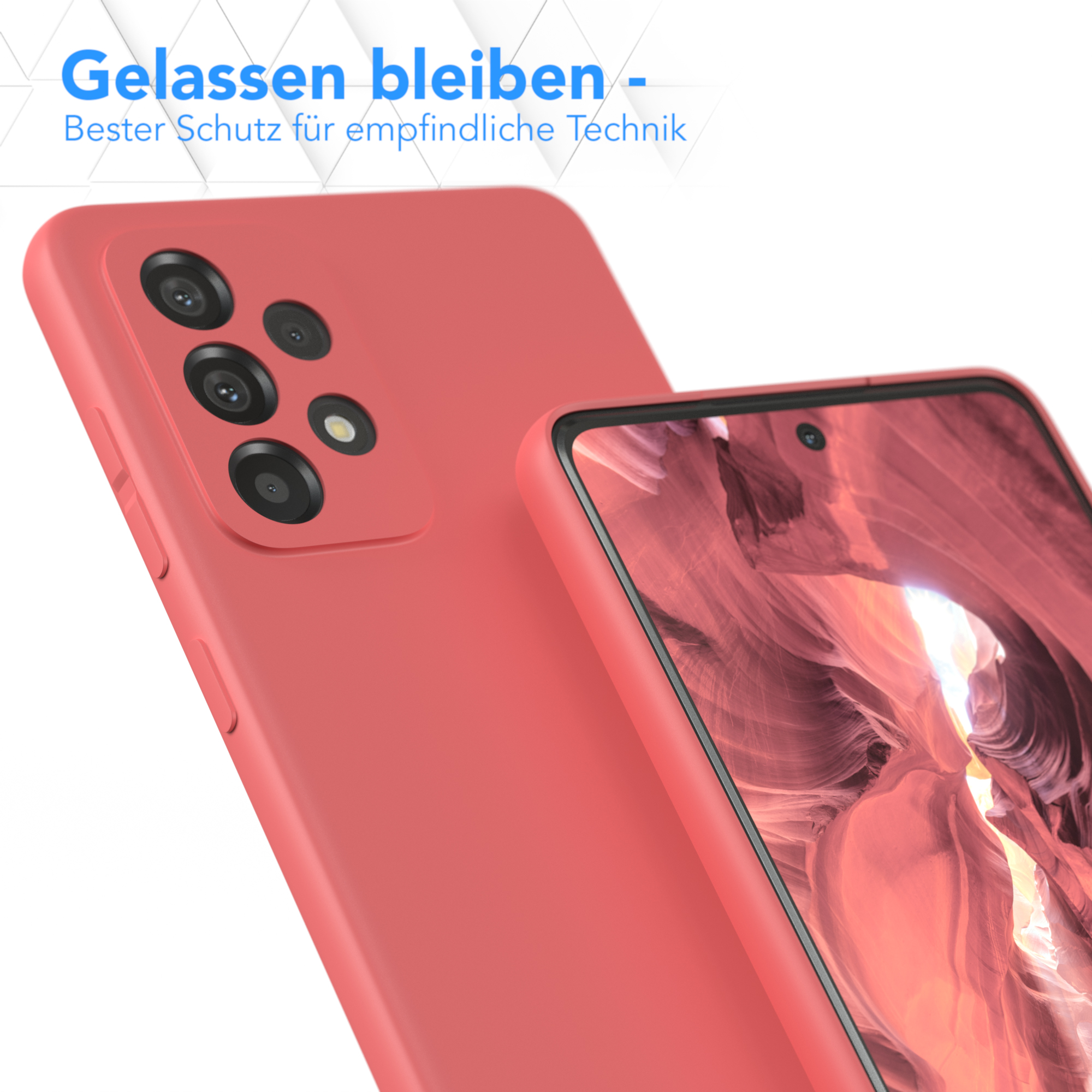 Zwei rote Handyhüllen, eine mit dem Telefon darin, die das Design und den Schutz der Hülle zeigen.