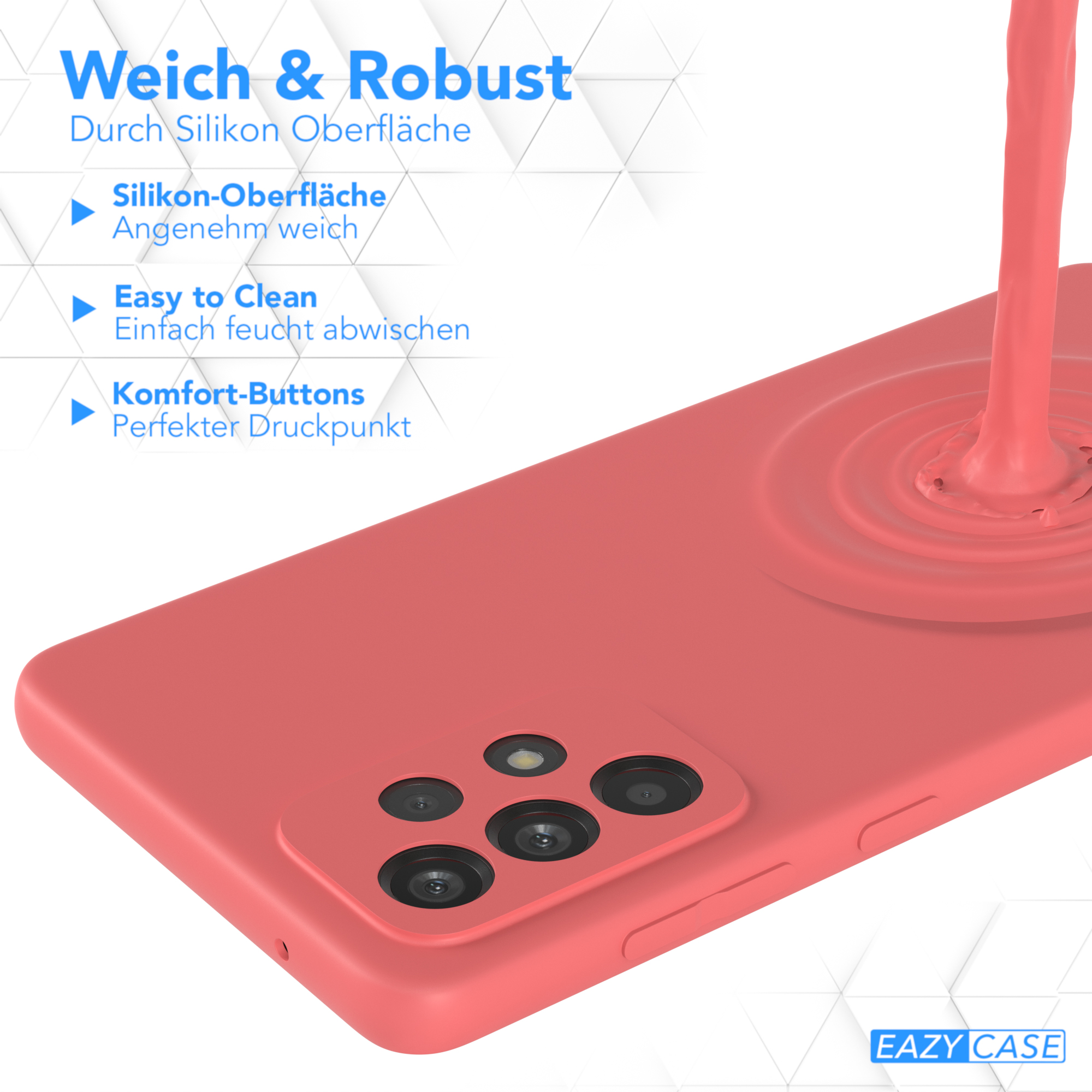 Rote Handyhülle mit Flüssigkeit, Text: Weich & Robust, Easy to Clean, Komfort-Buttons, EAZY CASE.