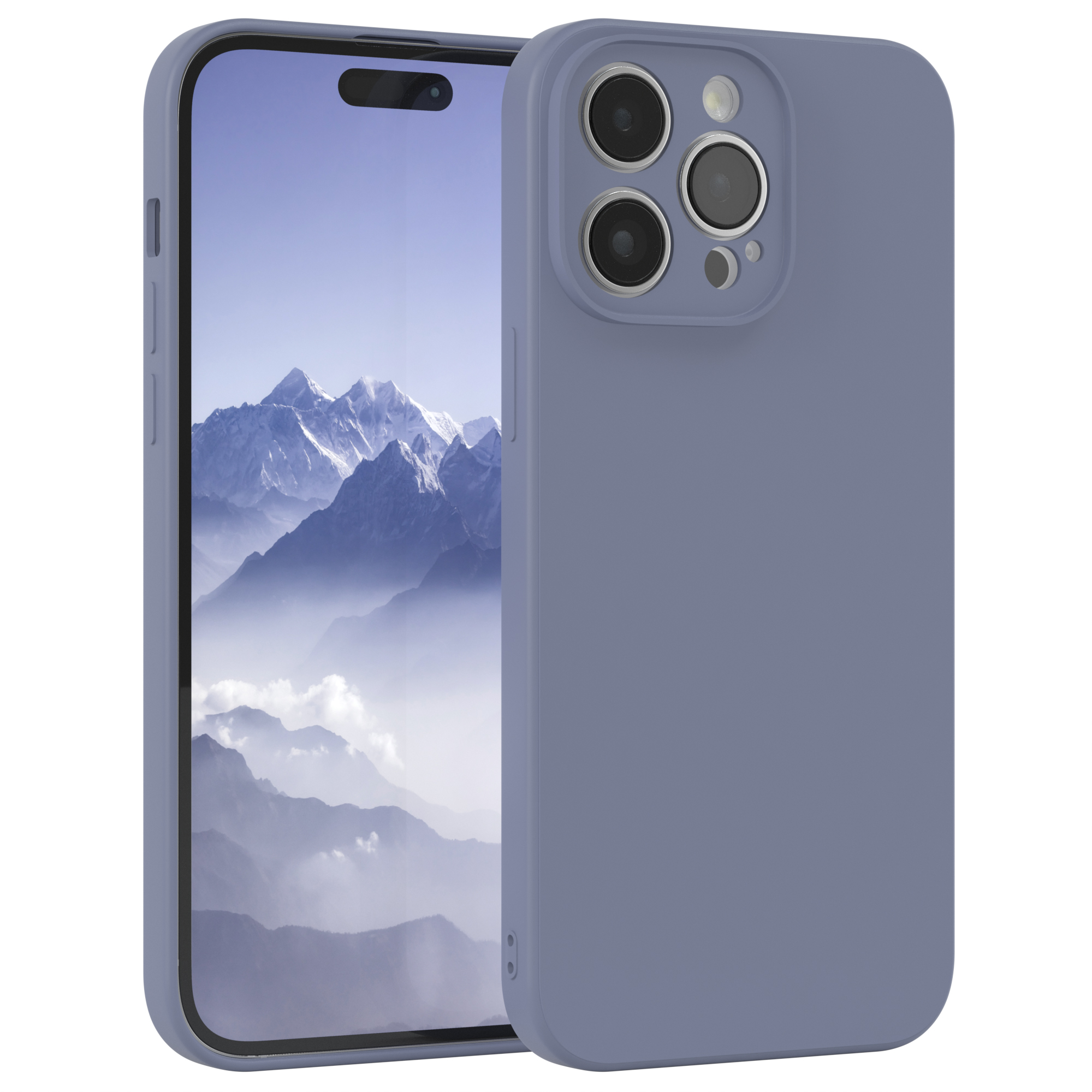 Blaue Handyhülle mit blauem Telefon. Das Telefon hat drei Kameras auf der Rückseite.
