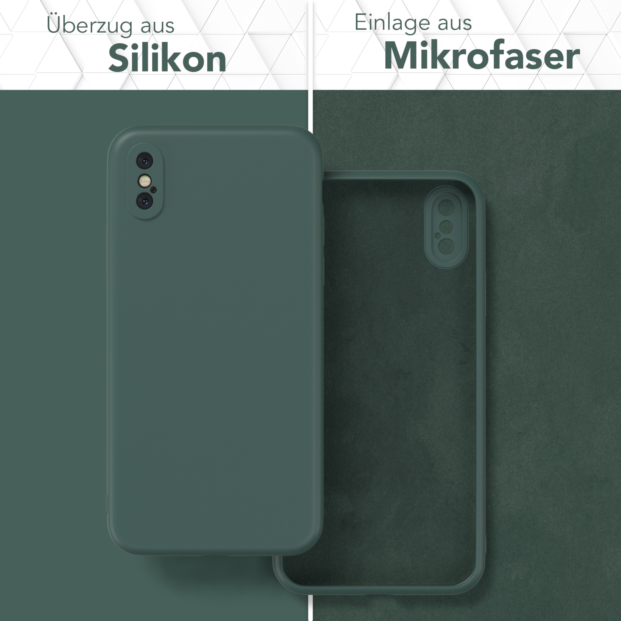 Grüne Handyhülle und Innenseite, aus Silikon und Mikrofaser. Deutscher Text.