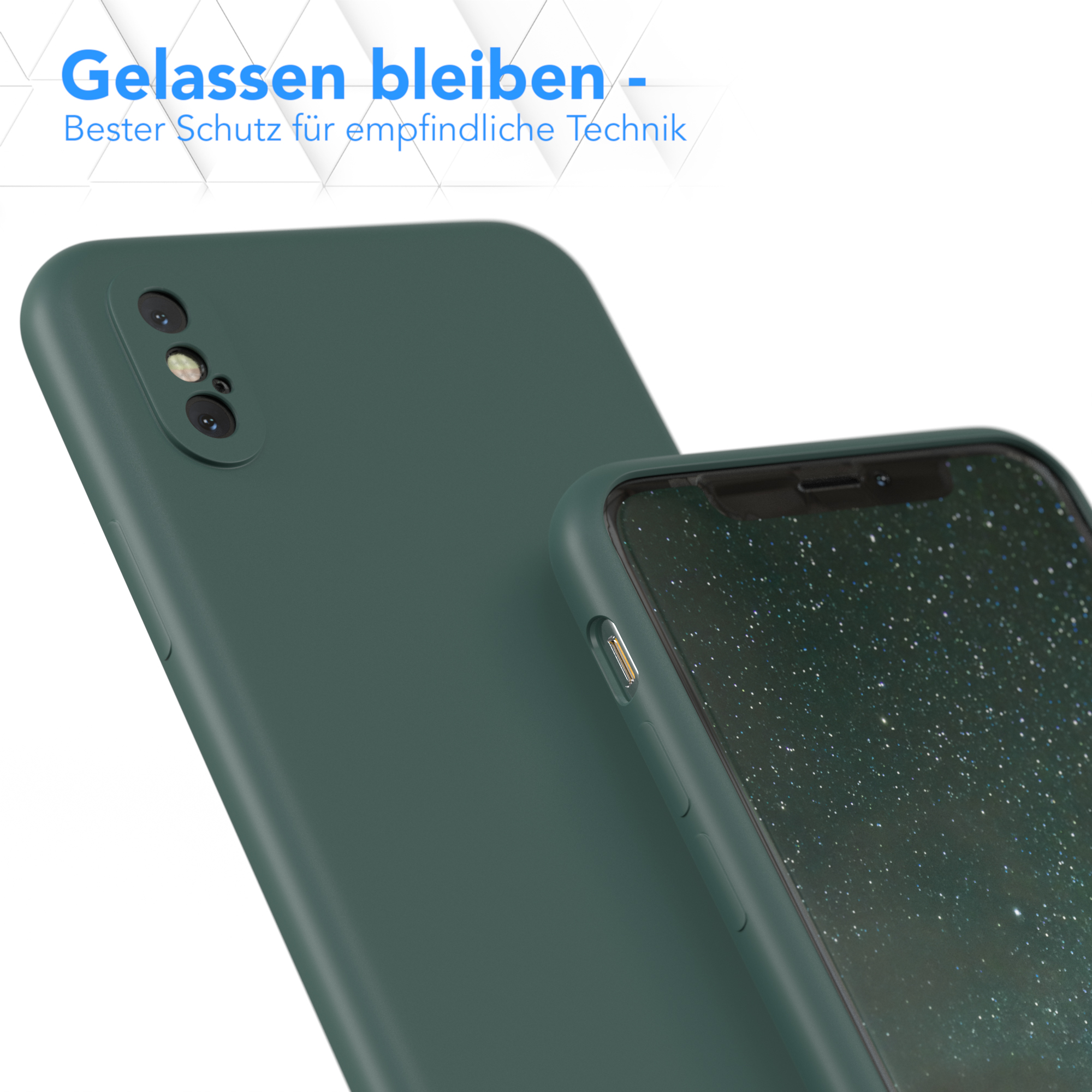 Eine dunkelgrüne Handyhülle vor einer anderen, mit dem Text Gelassen bleiben und Bester Schutz.