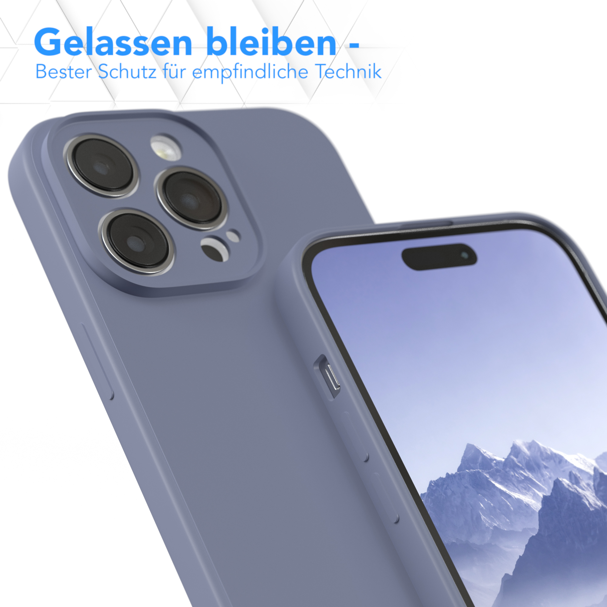 Eine Handyhülle und ein Telefon darin. Die Hülle ist lila. Der Hintergrund ist weiß.