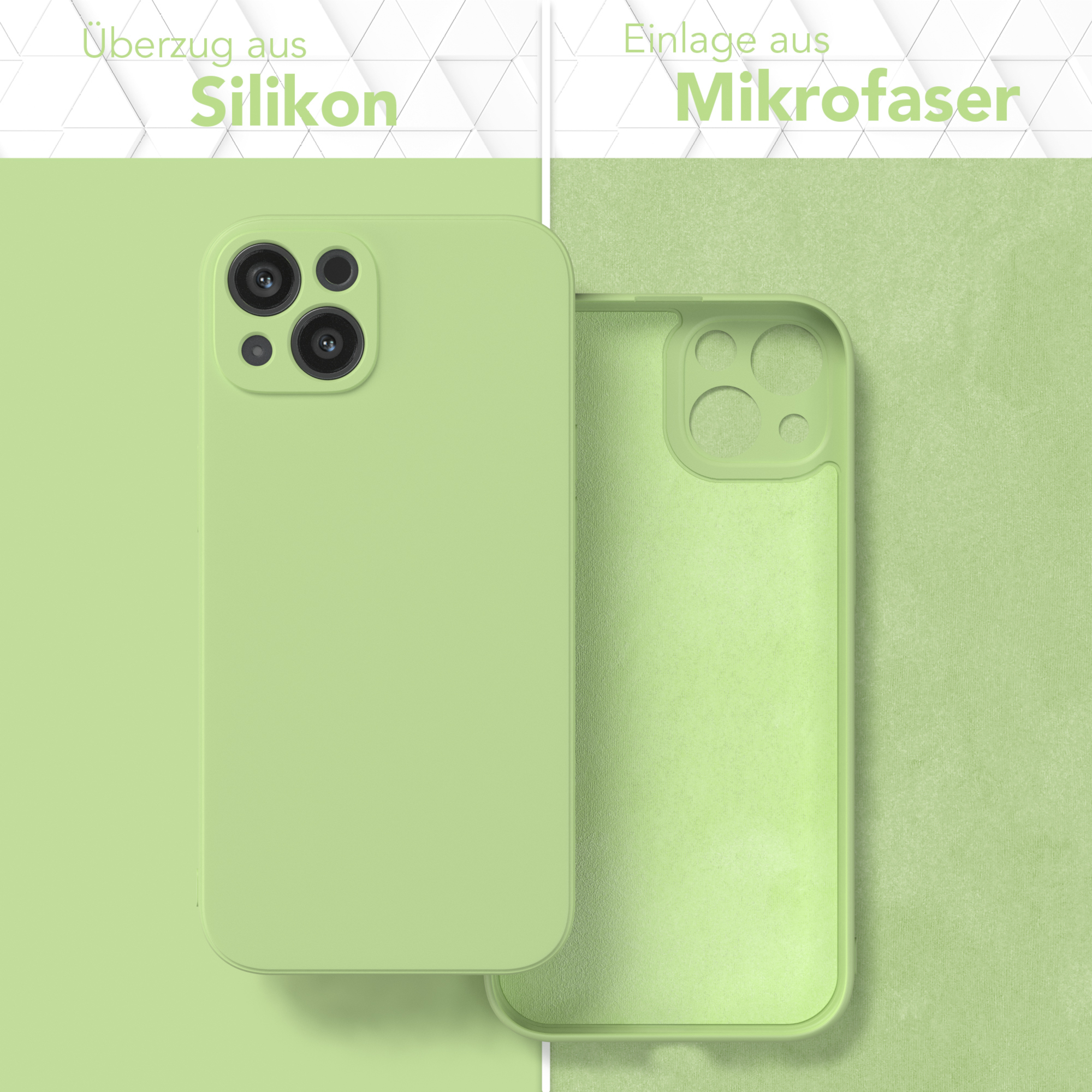 Eine hellgrüne Handyhülle mit Mikrofaserfutter. Die Hülle ist geöffnet und zeigt die Innenseite.
