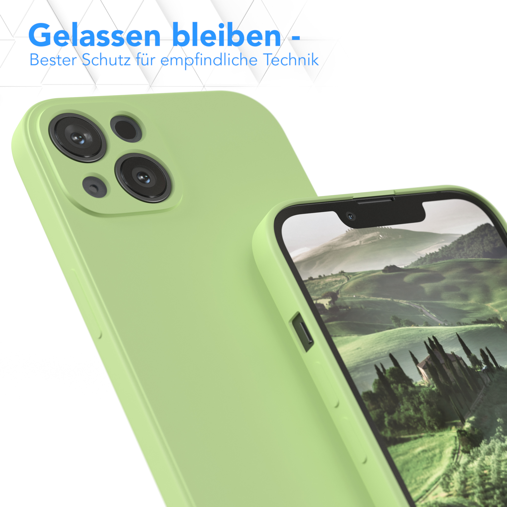 Nahaufnahme einer grünen Handyhülle, die ein Telefon bedeckt, zeigt das Telefondesign.