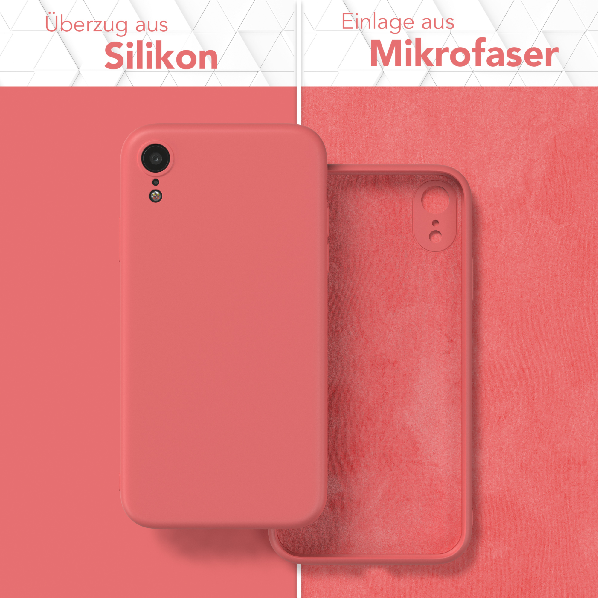 Eine rote Handyhülle mit Silikon außen und Mikrofaser innen wird gezeigt.