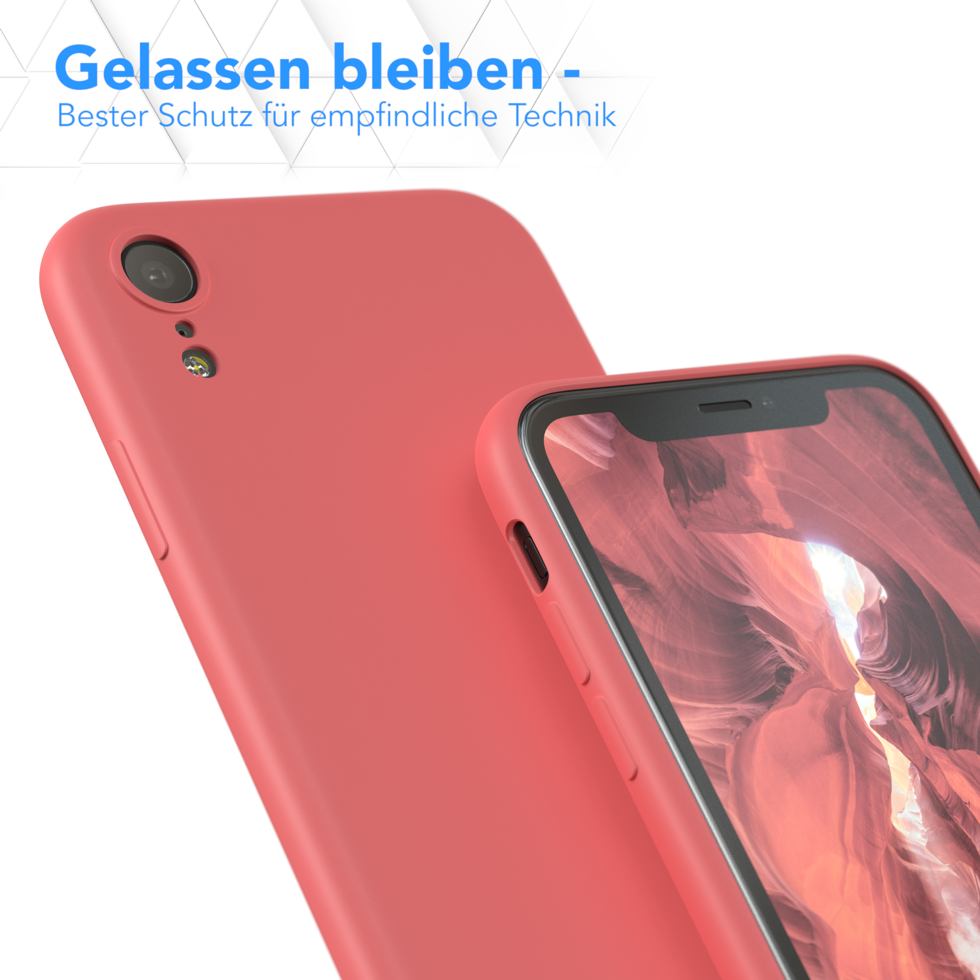 Eine rote Handyhülle auf einem Telefon. Text. Der Bildschirm ist sichtbar.