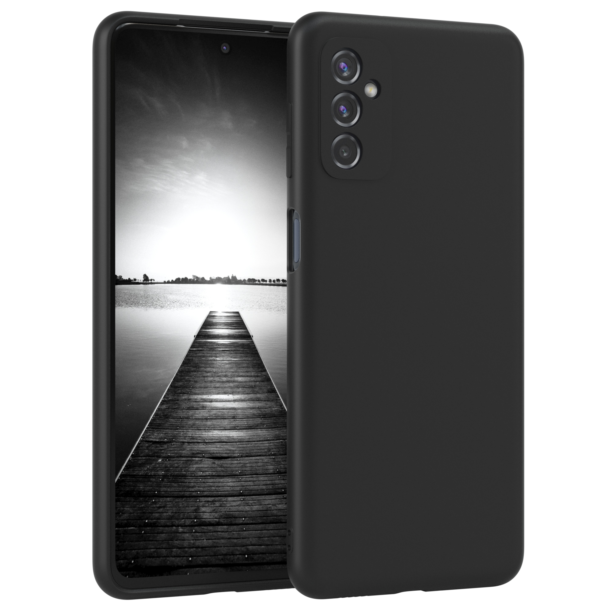 Schwarzes Telefon mit Hülle und Bildschirm, der einen Schwarzweiß-Pier zeigt.