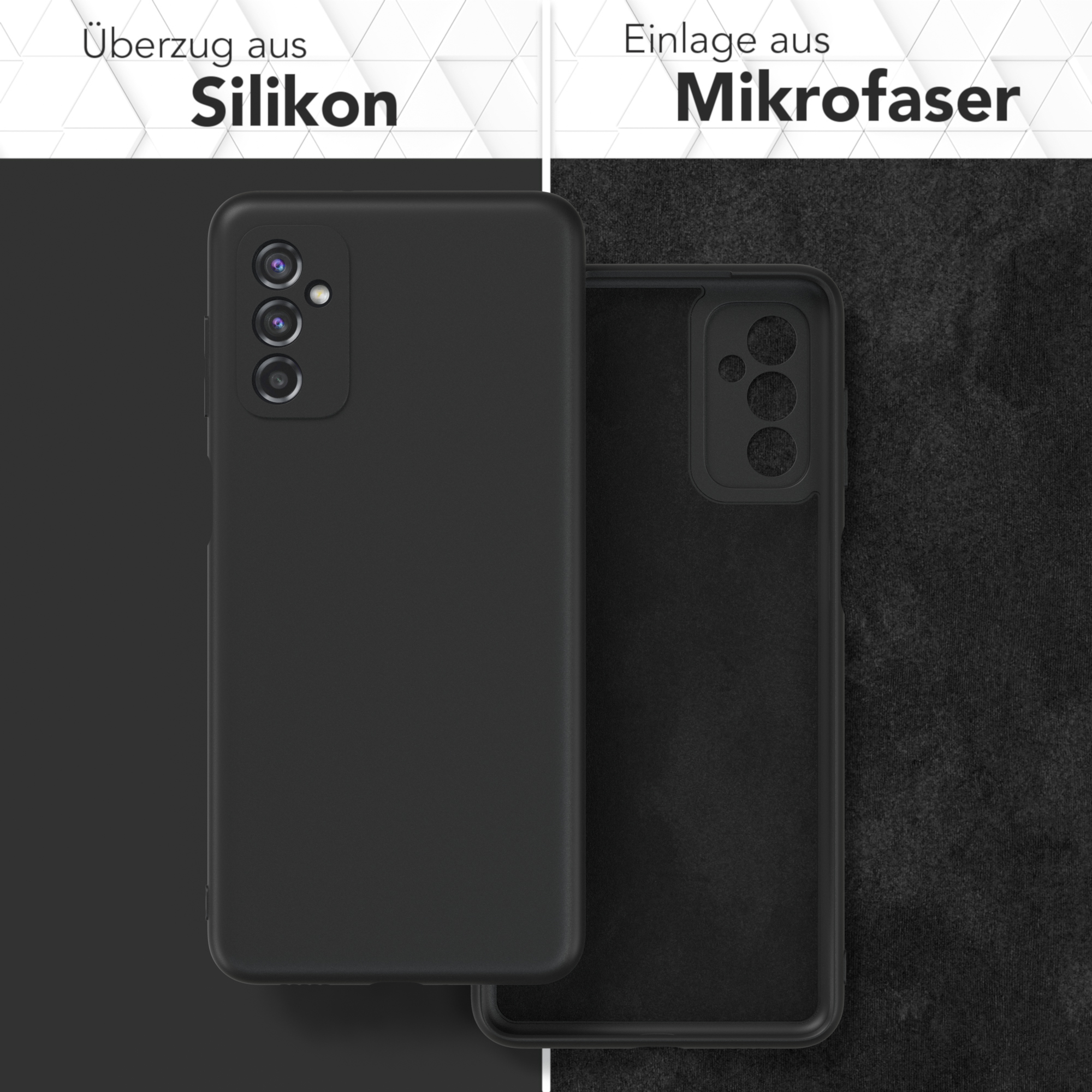 Zwei Handyhüllen: schwarze Silikonhülle und Mikrofaserfutter, vor schwarzem und grauem Hintergrund.